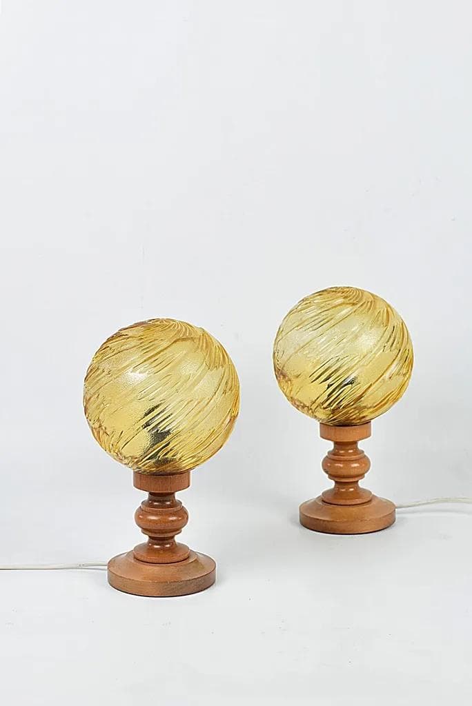 Pair of bedside lamps, brown glass, brown wood, Poland, 1970s. - 84412