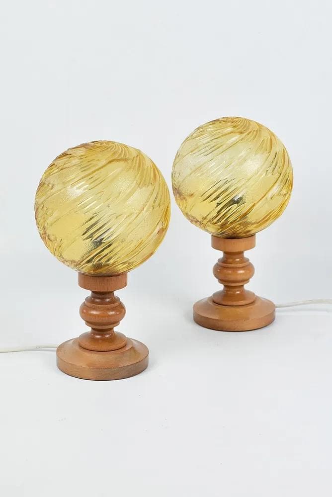 Pair of bedside lamps, brown glass, brown wood, Poland, 1970s. - 84411