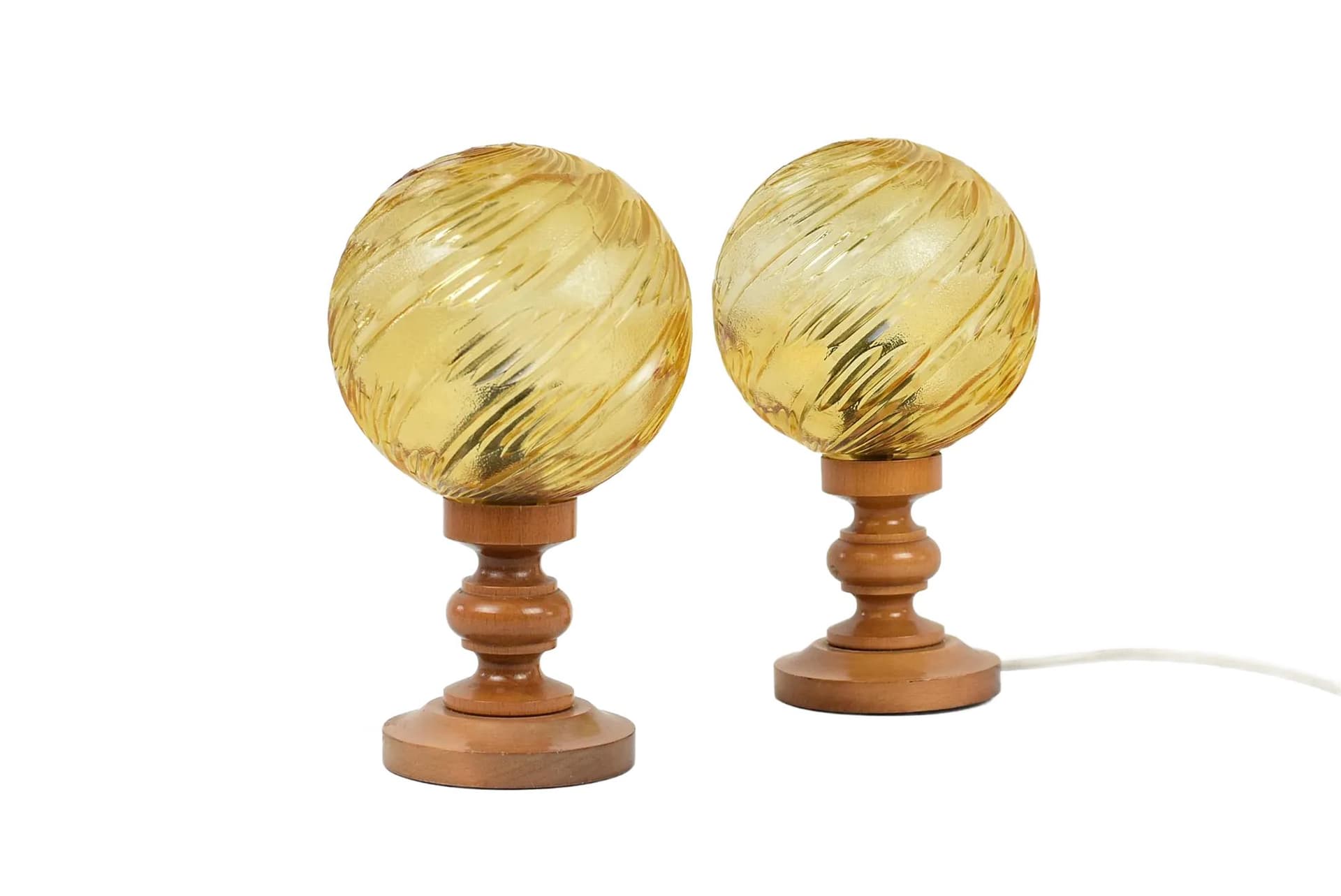 Pair of bedside lamps, brown glass, brown wood, Poland, 1970s.