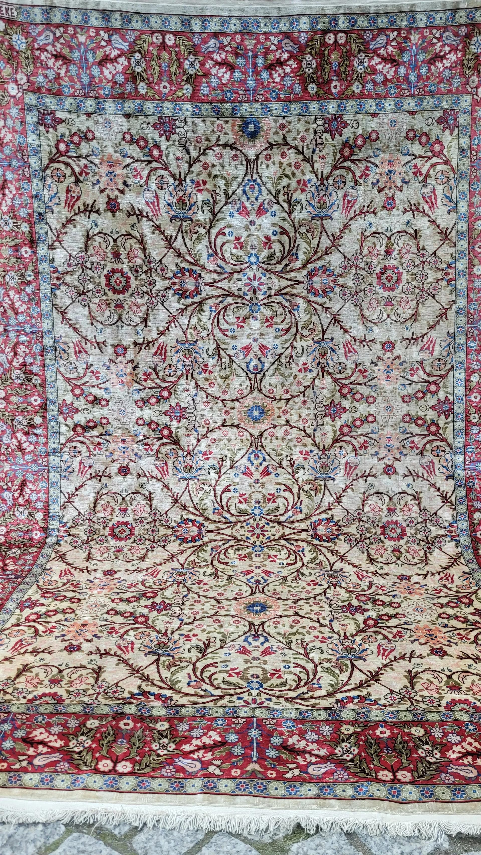 Dywan Hereke, 155x103cm, jedwab beżowy, Turcja - 87462