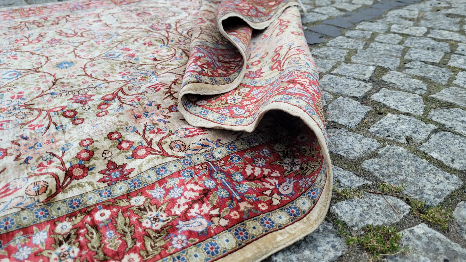 Dywan Hereke, 155x103cm, jedwab beżowy, Turcja - 87454