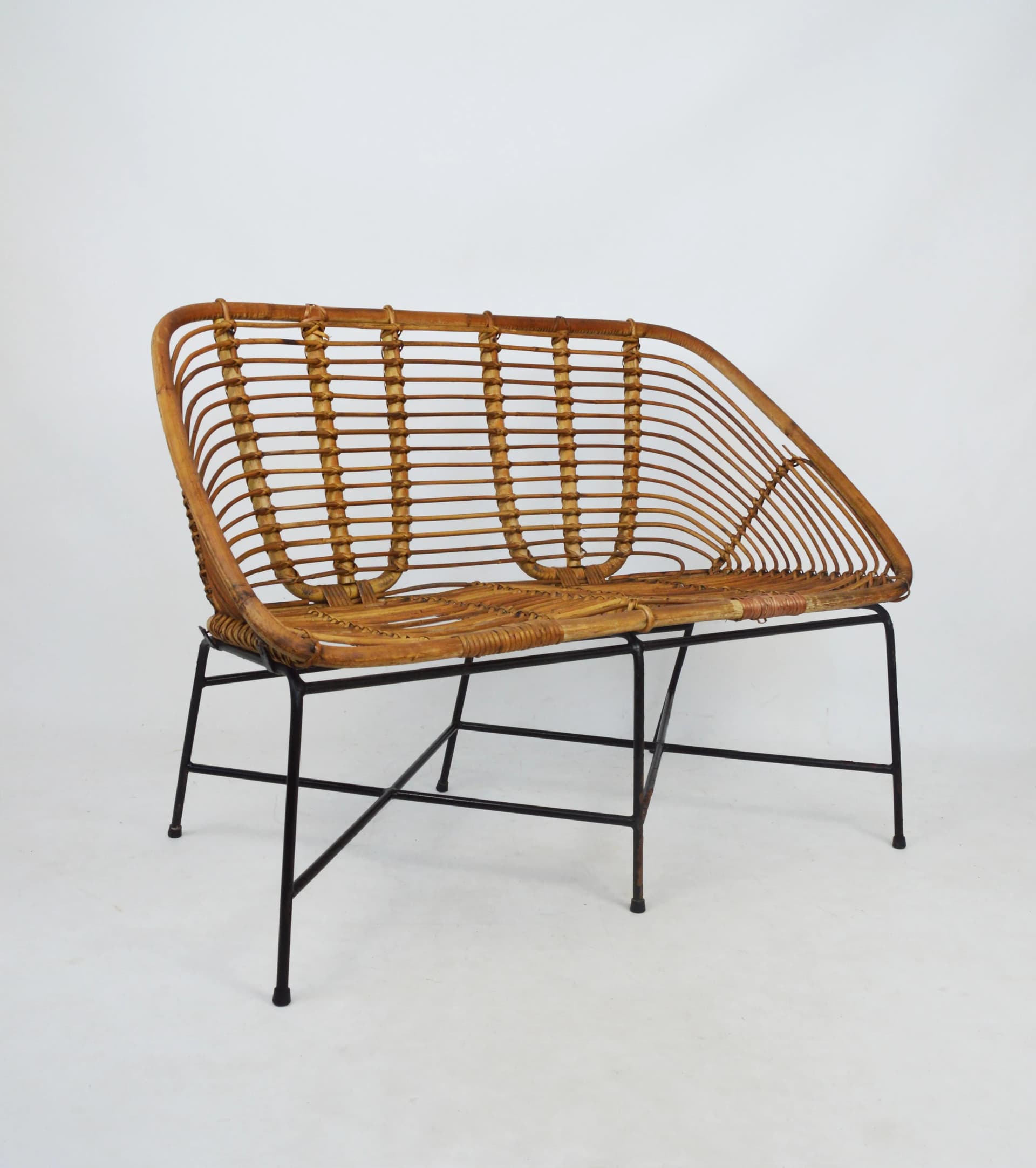 Komplet mebli wypoczynkowych, bambus brązowy jasny, metal czarny, Polska, lata 70. - 84326