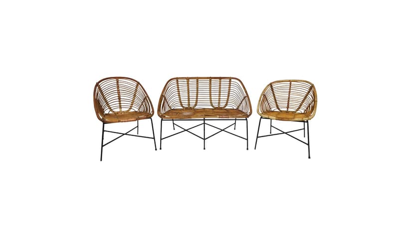 Komplet mebli wypoczynkowych, bambus brązowy jasny, metal czarny, Polska, lata 70.