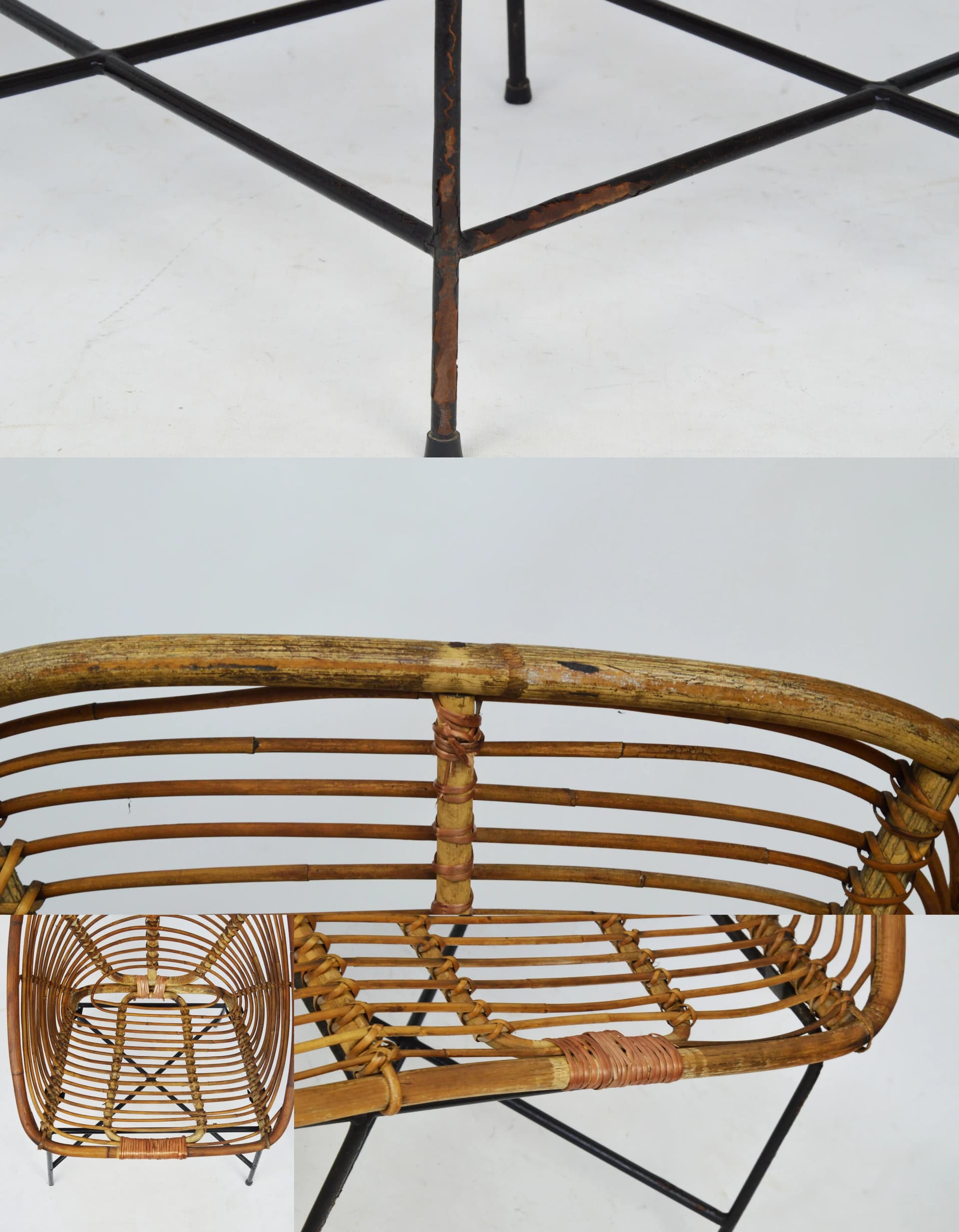 Komplet mebli wypoczynkowych, bambus brązowy jasny, metal czarny, Polska, lata 70. - 84324