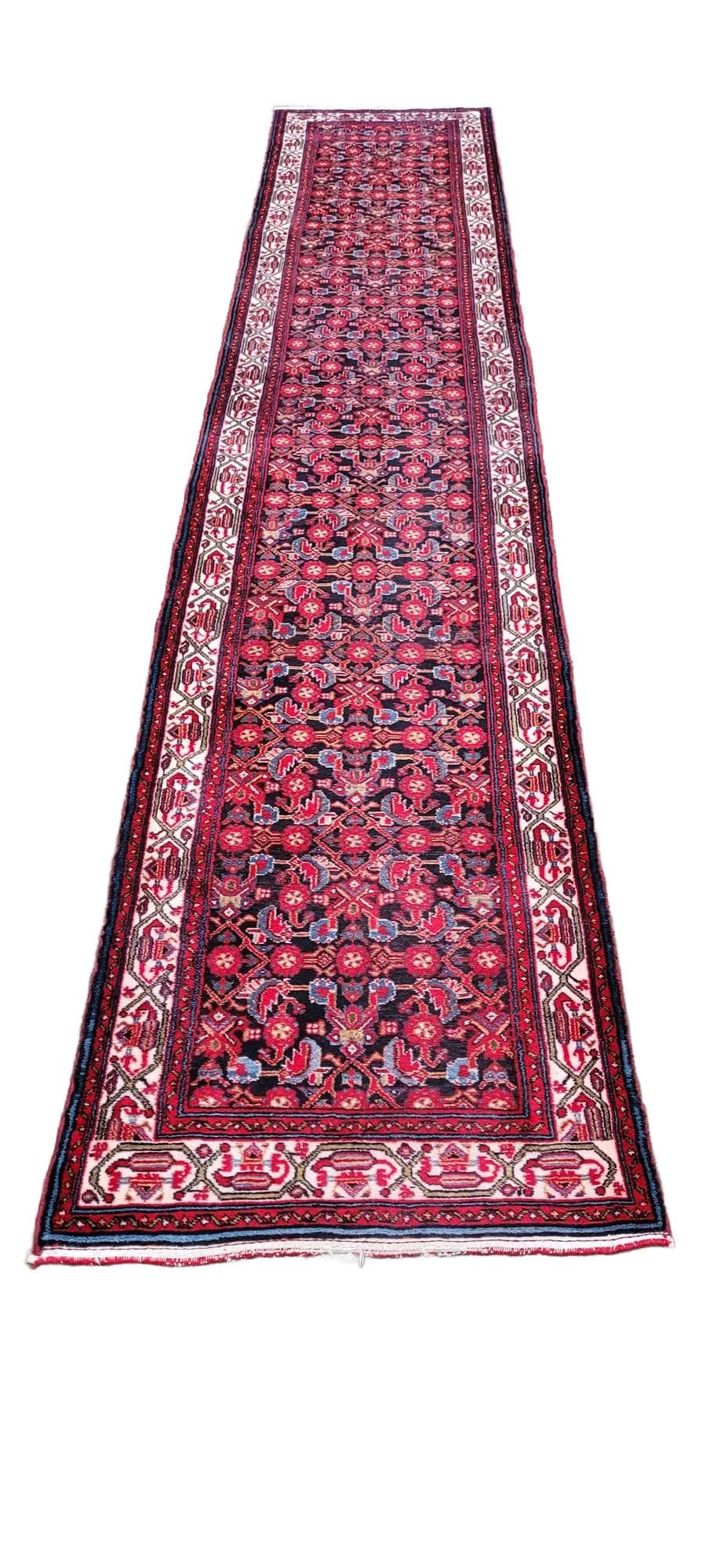 Chodnik Hamadan 90x485 cm, czerwony, wełna, Iran, lata 20.