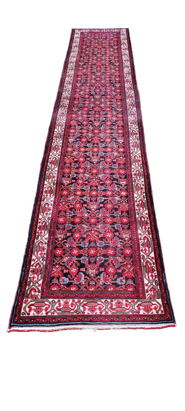 Chodnik Hamadan 90x485 cm, czerwony, wełna, Iran, lata 20. - WYMIARY