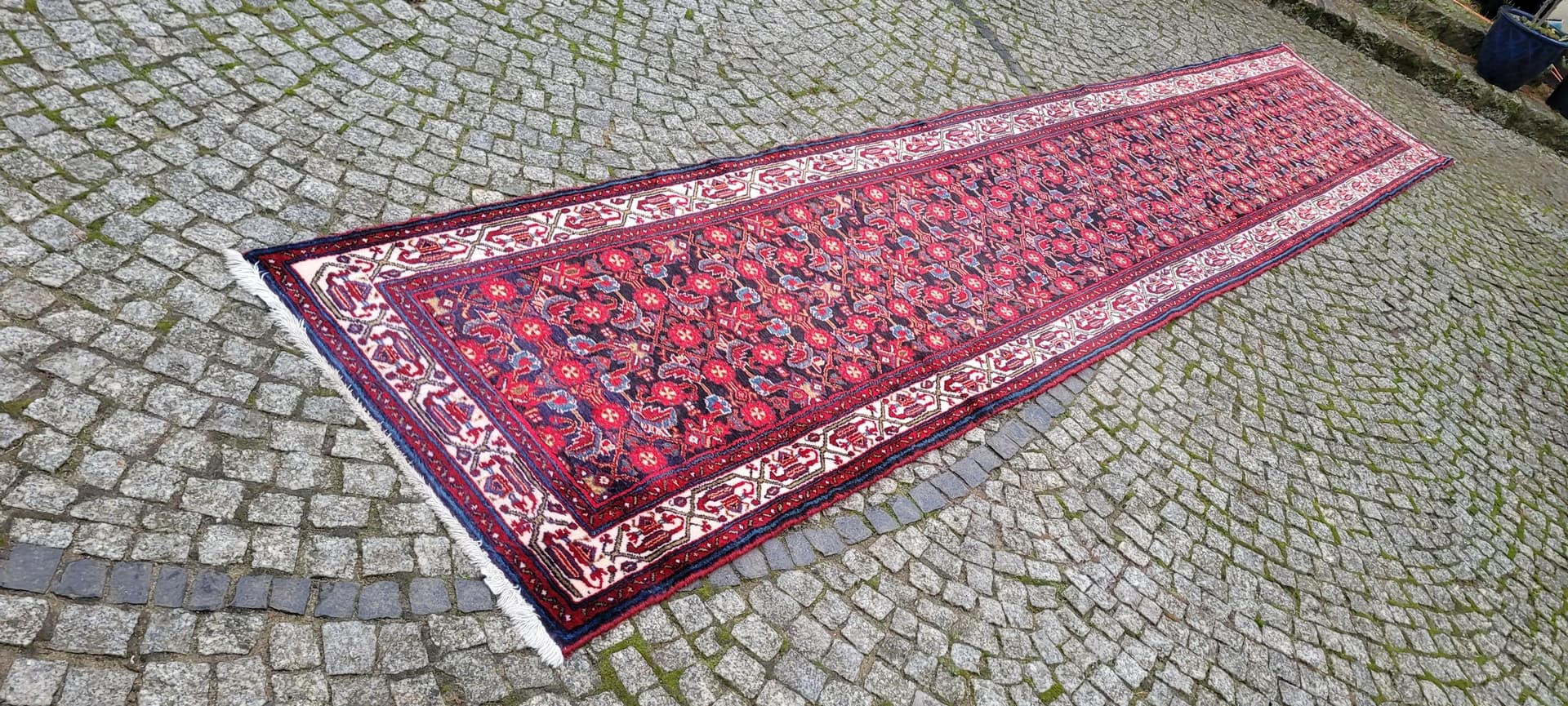 Chodnik Hamadan 90x485 cm, czerwony, wełna, Iran, lata 20. - 87427