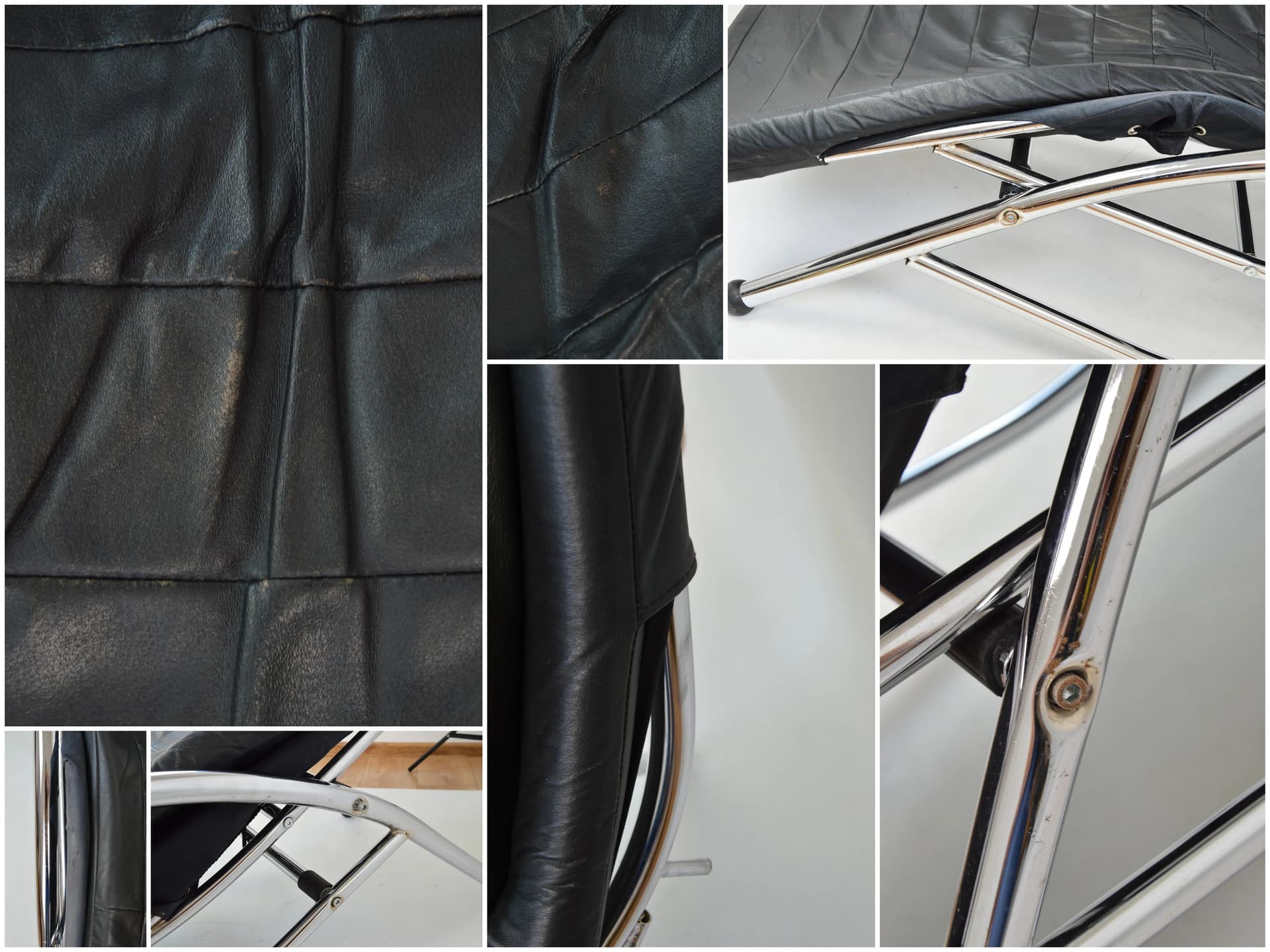 Chaise longue, black leather, chromed steel, Poland, 1980s. - 84254