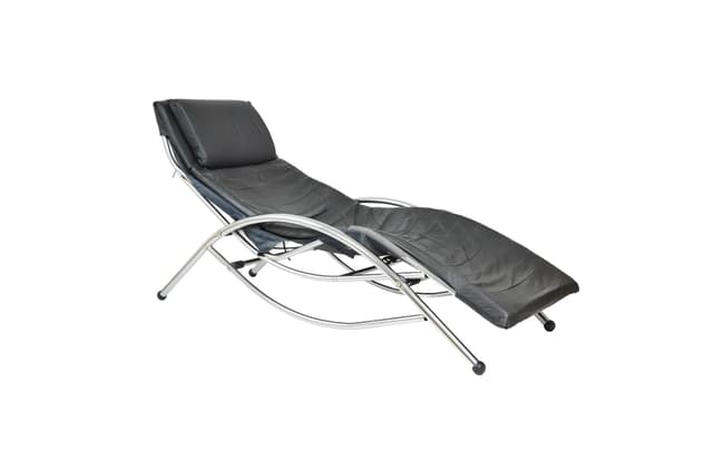 Chaise longue, black leather, chromed steel, Poland, 1980s. - DIMENSION
