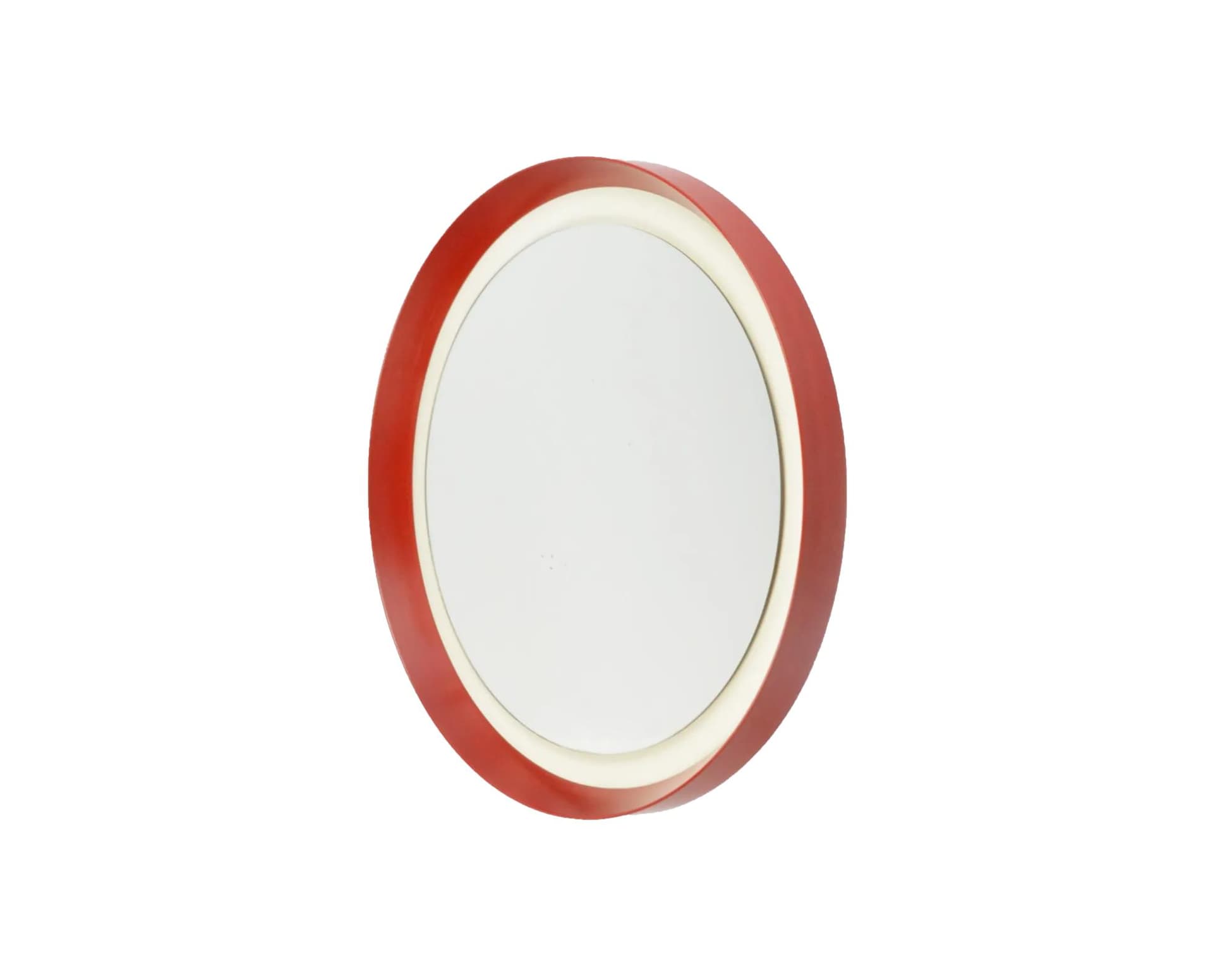 Round mirror, red plastic, Poland, 1970s.
