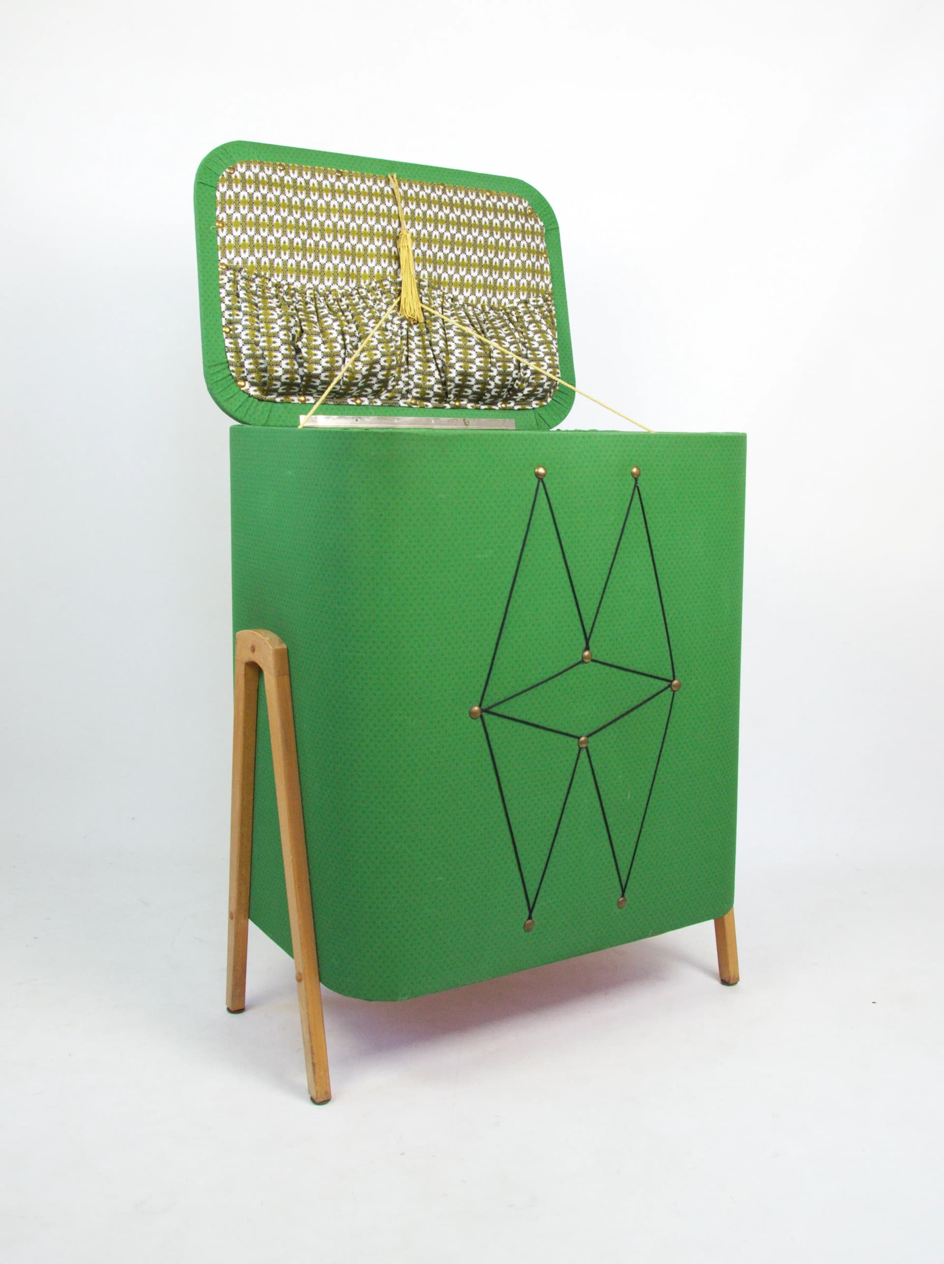 Puf schowek, zielony, drewno, Polska, lata 60. - 84052