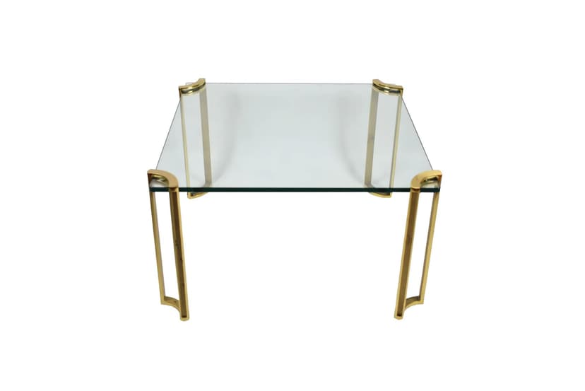 Coffee table, transparent glass, golden brass, by P. Ghyczy, 1970s