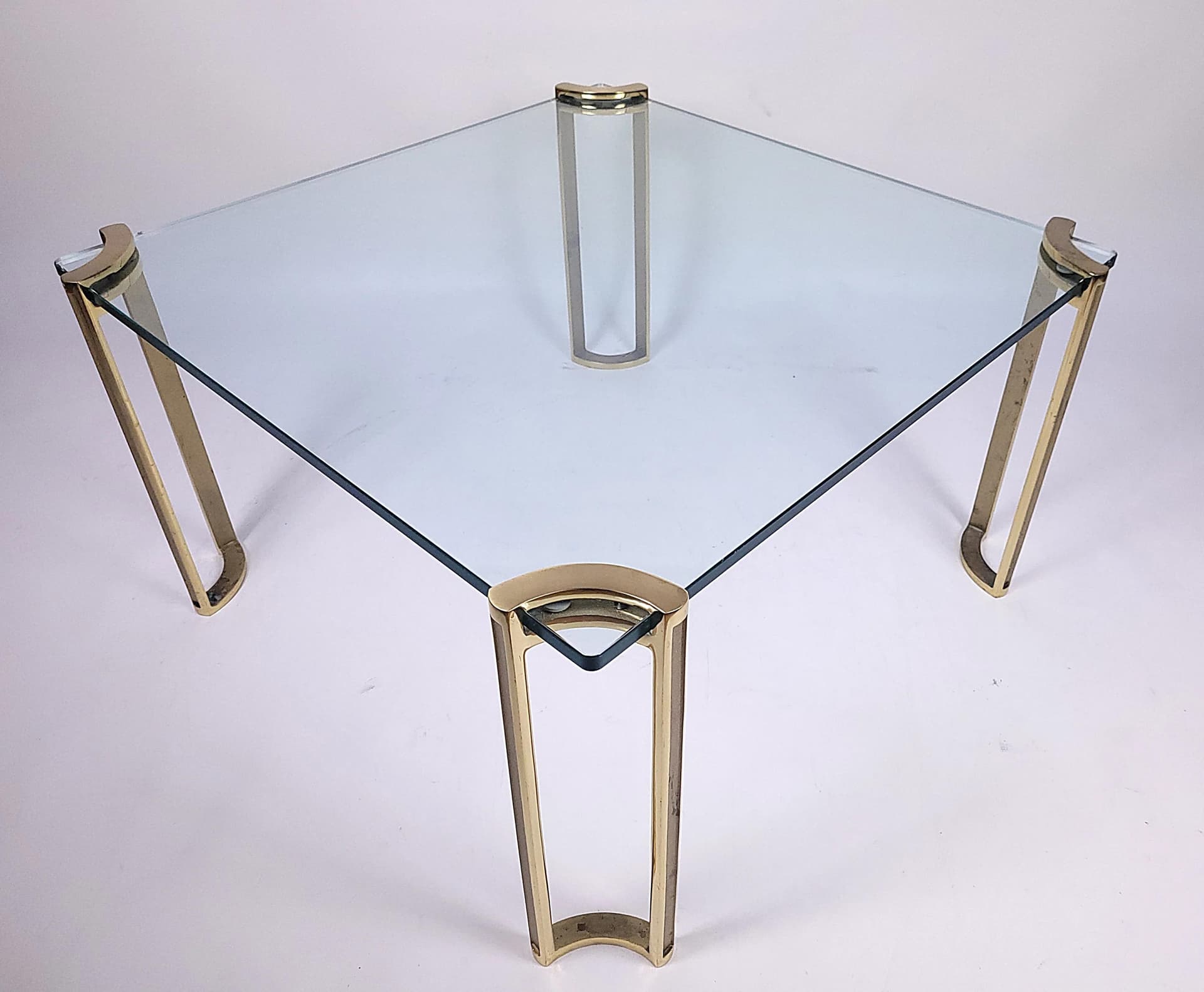 Coffee table, transparent glass, golden brass, by P. Ghyczy, 1970s - 84038