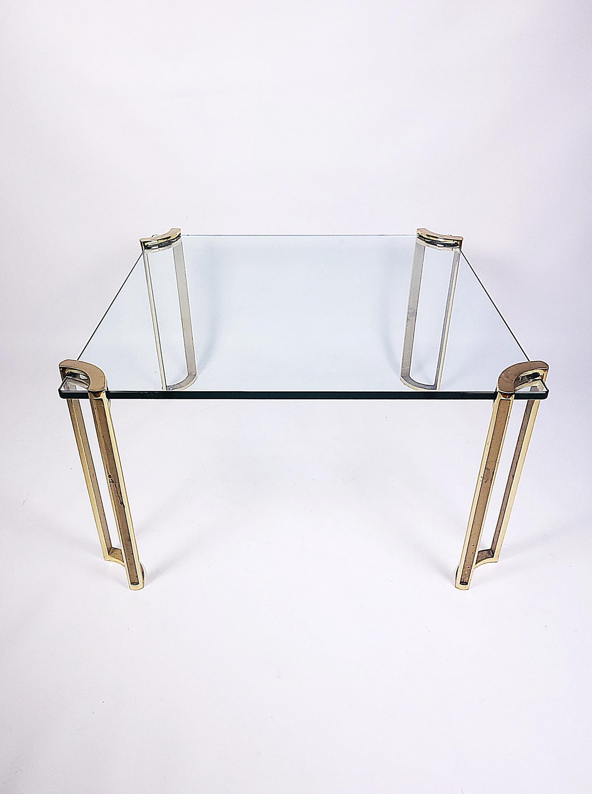 Coffee table, transparent glass, golden brass, by P. Ghyczy, 1970s - 84035