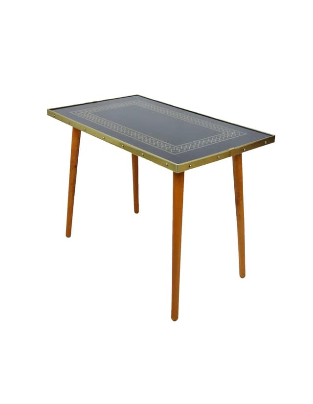 Stolik pomocniczy, szkło czarne, drewno brązowe, metal złoty, Niemcy, lata 70. - WYMIARY