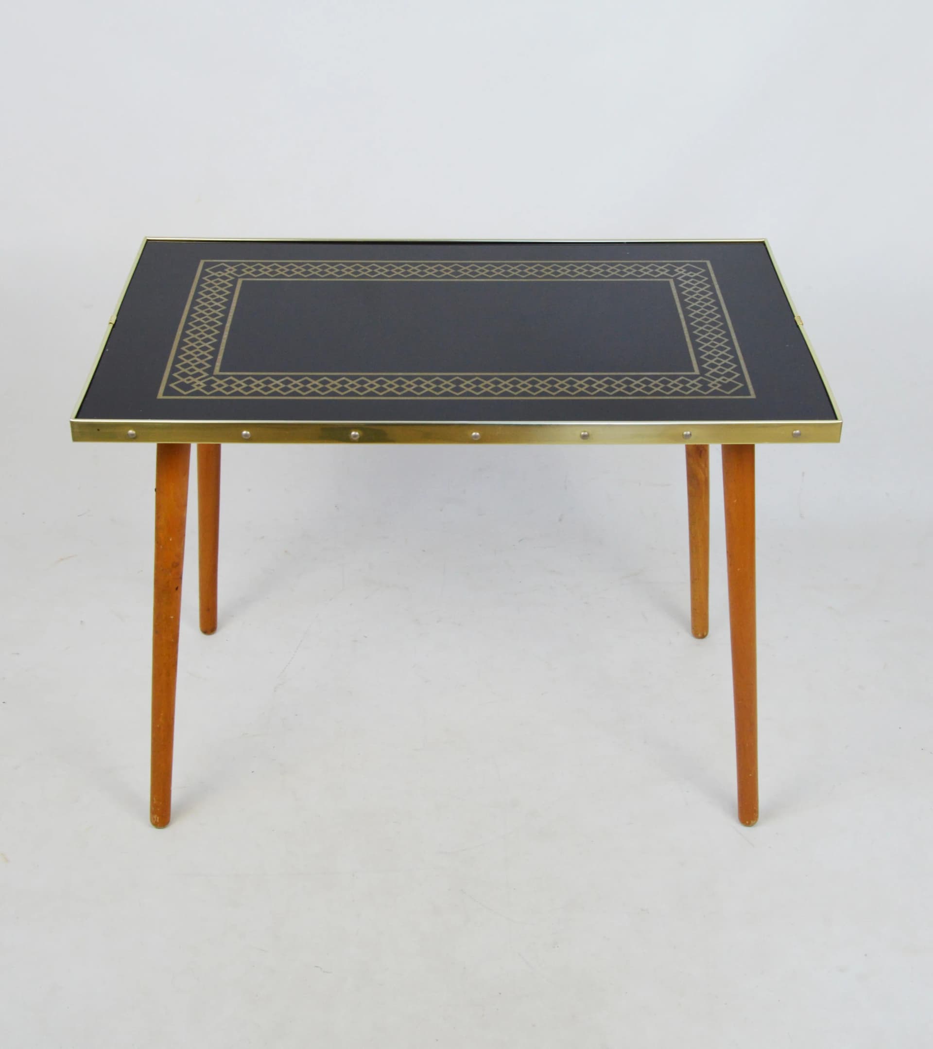 Stolik pomocniczy, szkło czarne, drewno brązowe, metal złoty, Niemcy, lata 70. - 84029