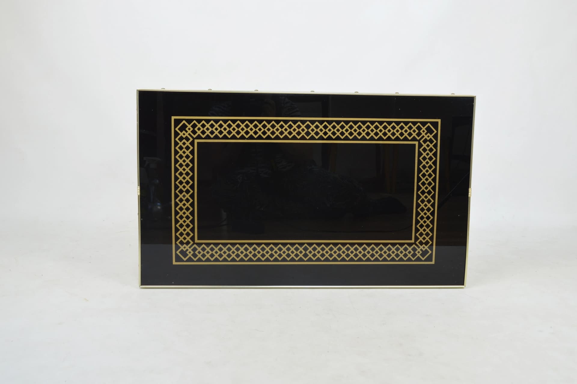 Stolik pomocniczy, szkło czarne, drewno brązowe, metal złoty, Niemcy, lata 70. - 84028