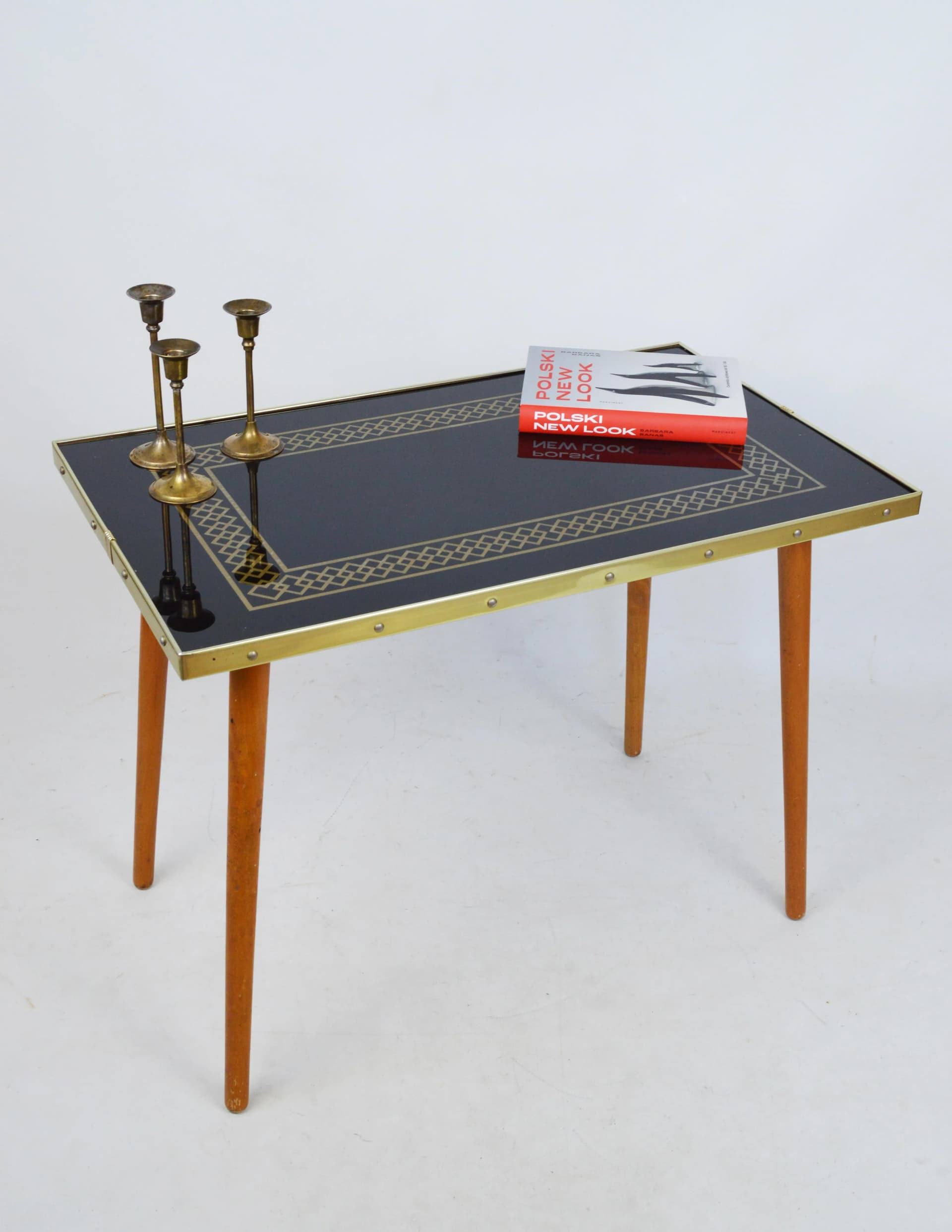 Stolik pomocniczy, szkło czarne, drewno brązowe, metal złoty, Niemcy, lata 70. - 84026