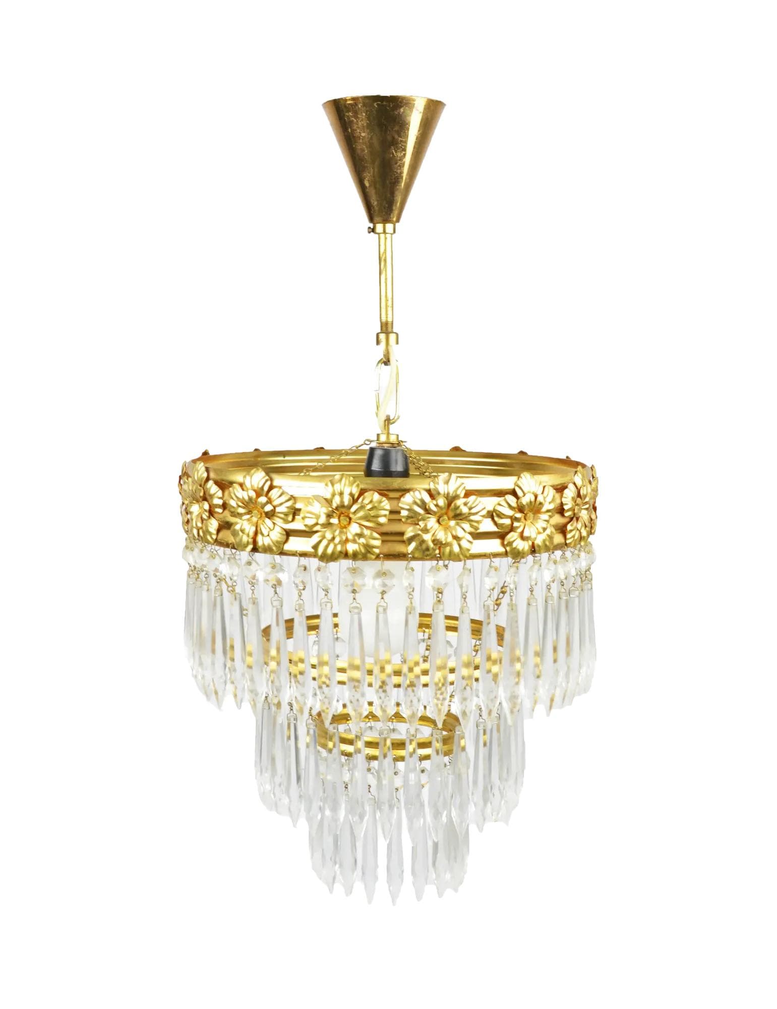 Żyrandol Zeleznobrodske Sklo, złoty, szkło, Czechosłowacja, lata 70.