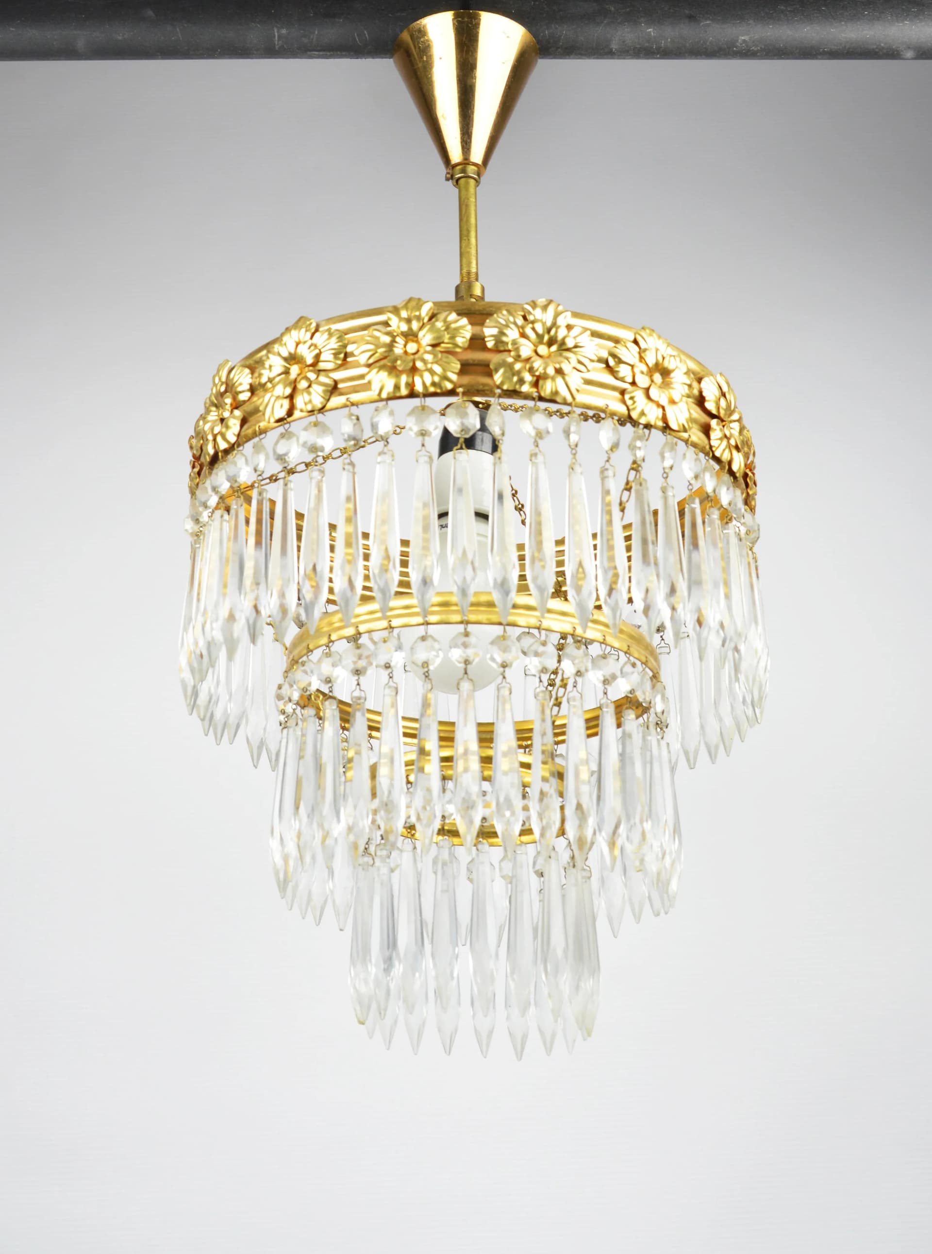 Żyrandol Zeleznobrodske Sklo, złoty, szkło, Czechosłowacja, lata 70. - 84007