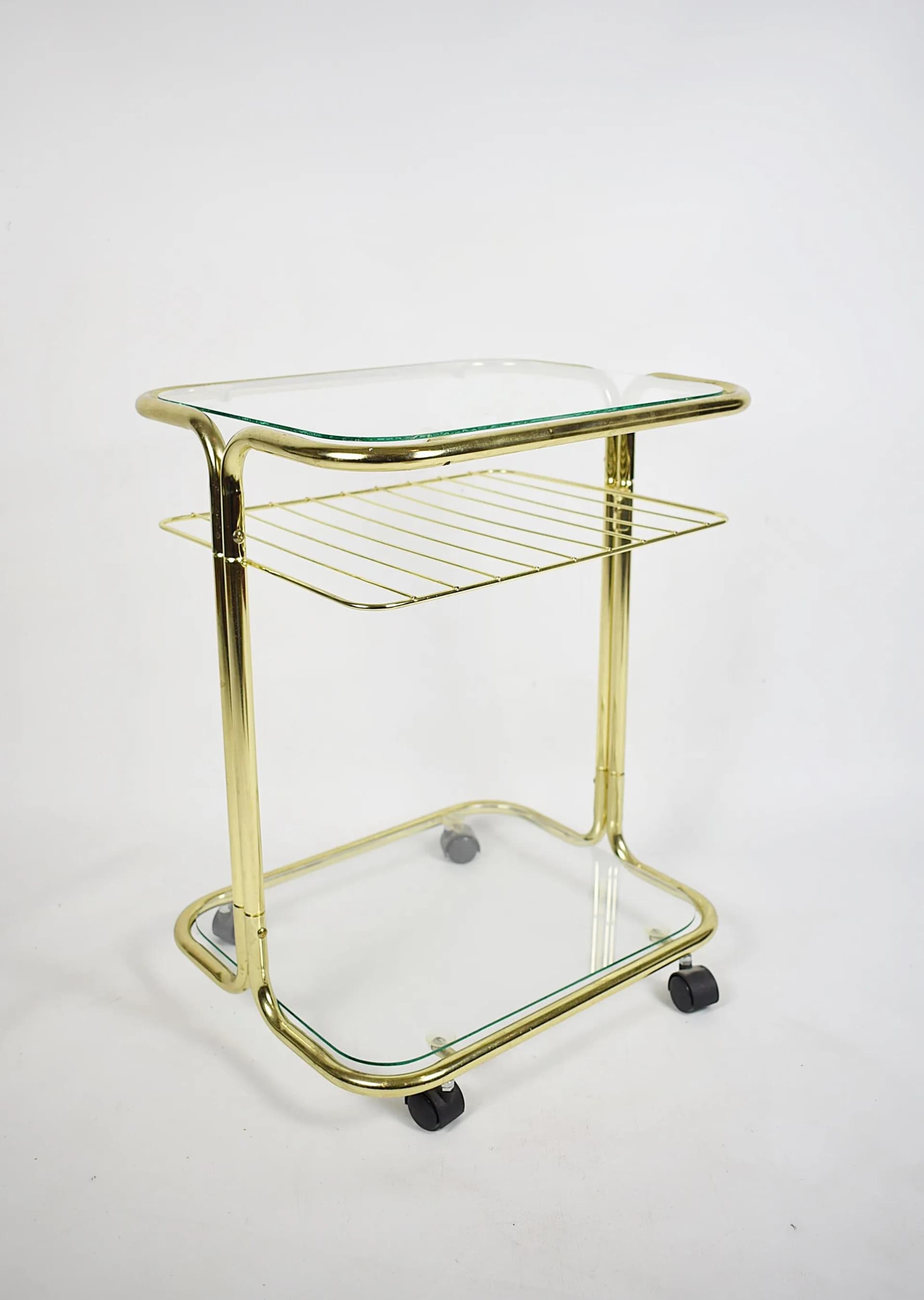 Magazine Rack Side Table, golden metal, glass, Poland, 1980s. - 83991