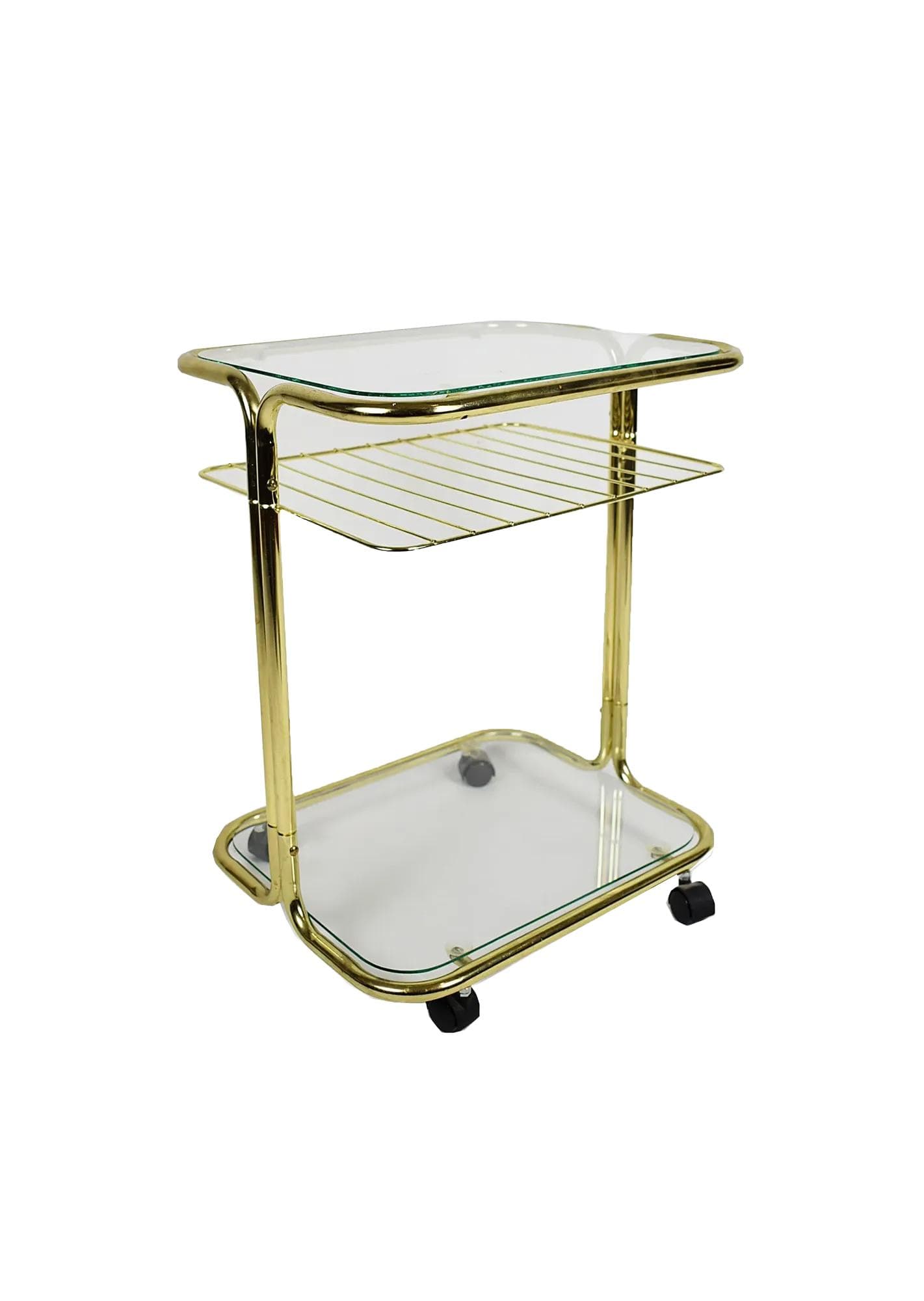 Magazine Rack Side Table, golden metal, glass, Poland, 1980s.