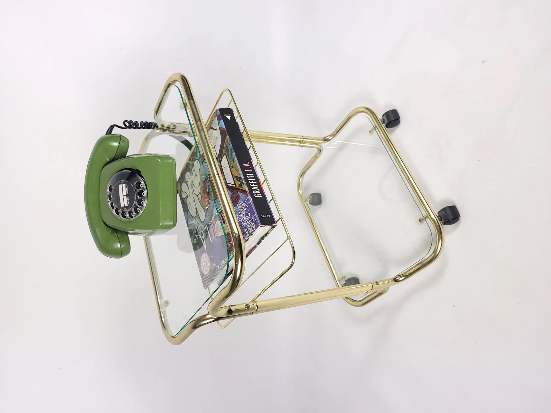 Magazine Rack Side Table, golden metal, glass, Poland, 1980s. - 83989
