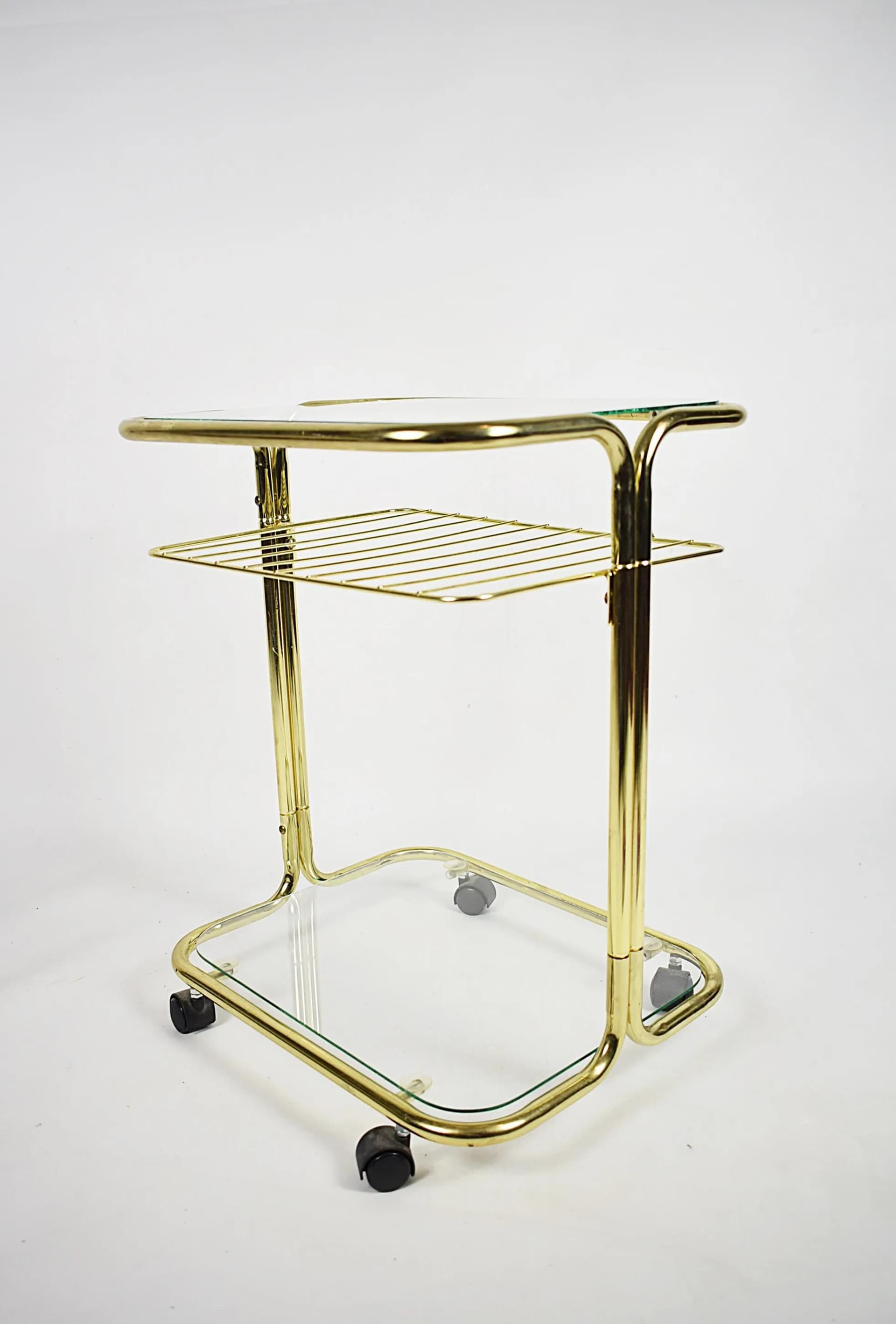 Magazine Rack Side Table, golden metal, glass, Poland, 1980s. - 83988