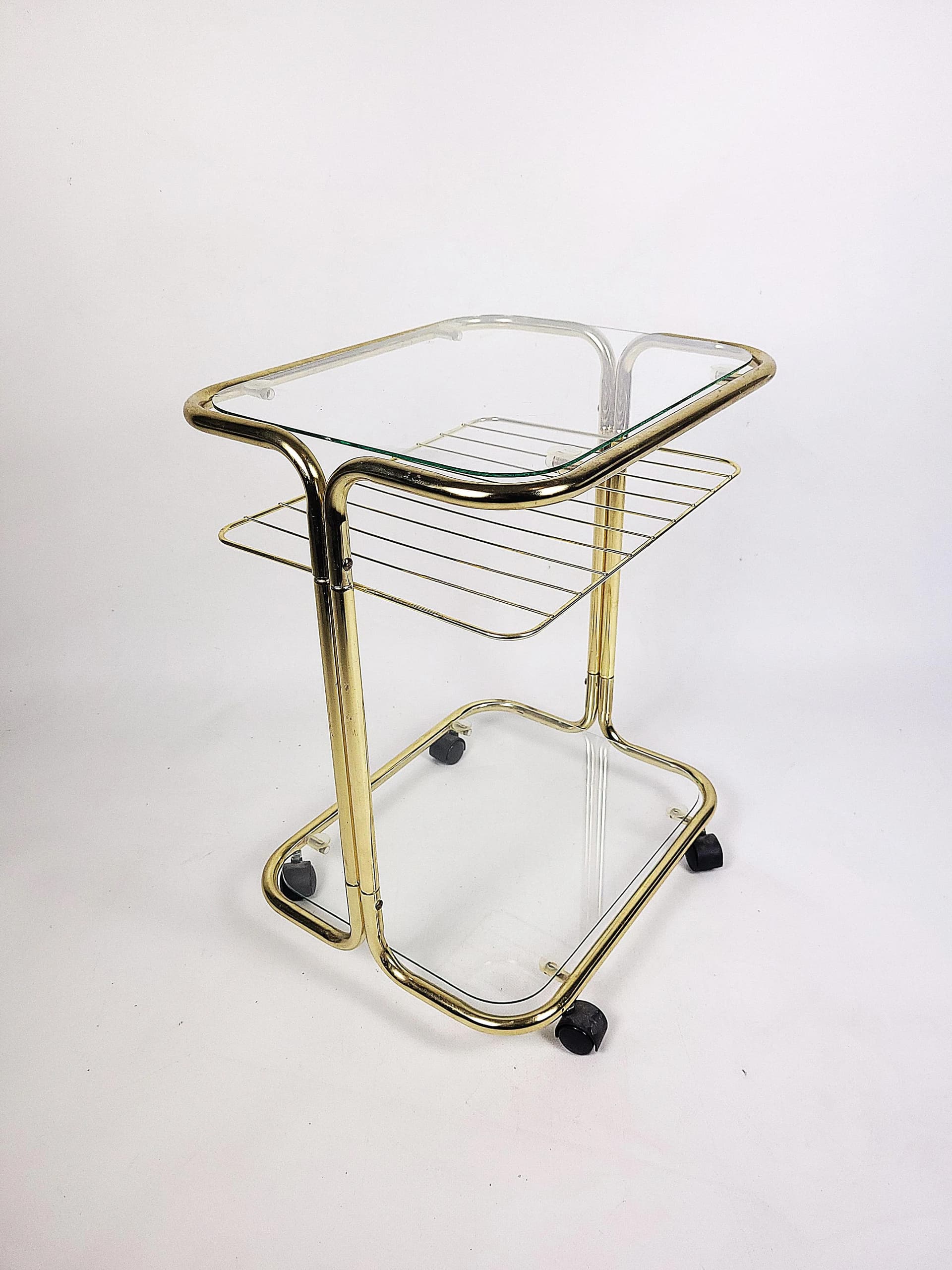 Magazine Rack Side Table, golden metal, glass, Poland, 1980s. - 83993