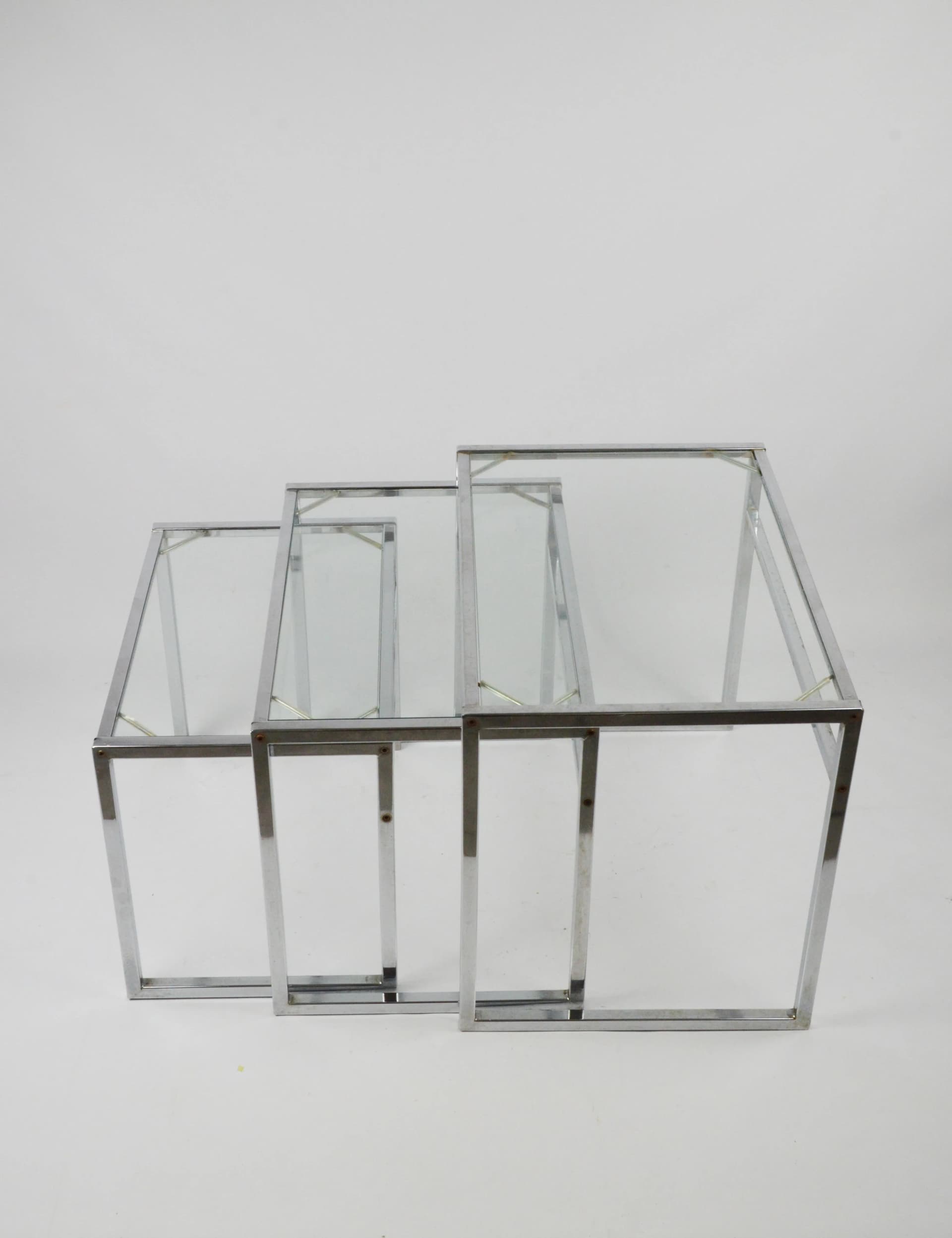 Set of Coffee Tables, Clear Glass, Chromed Steel, Poland, 1970s. - 83973