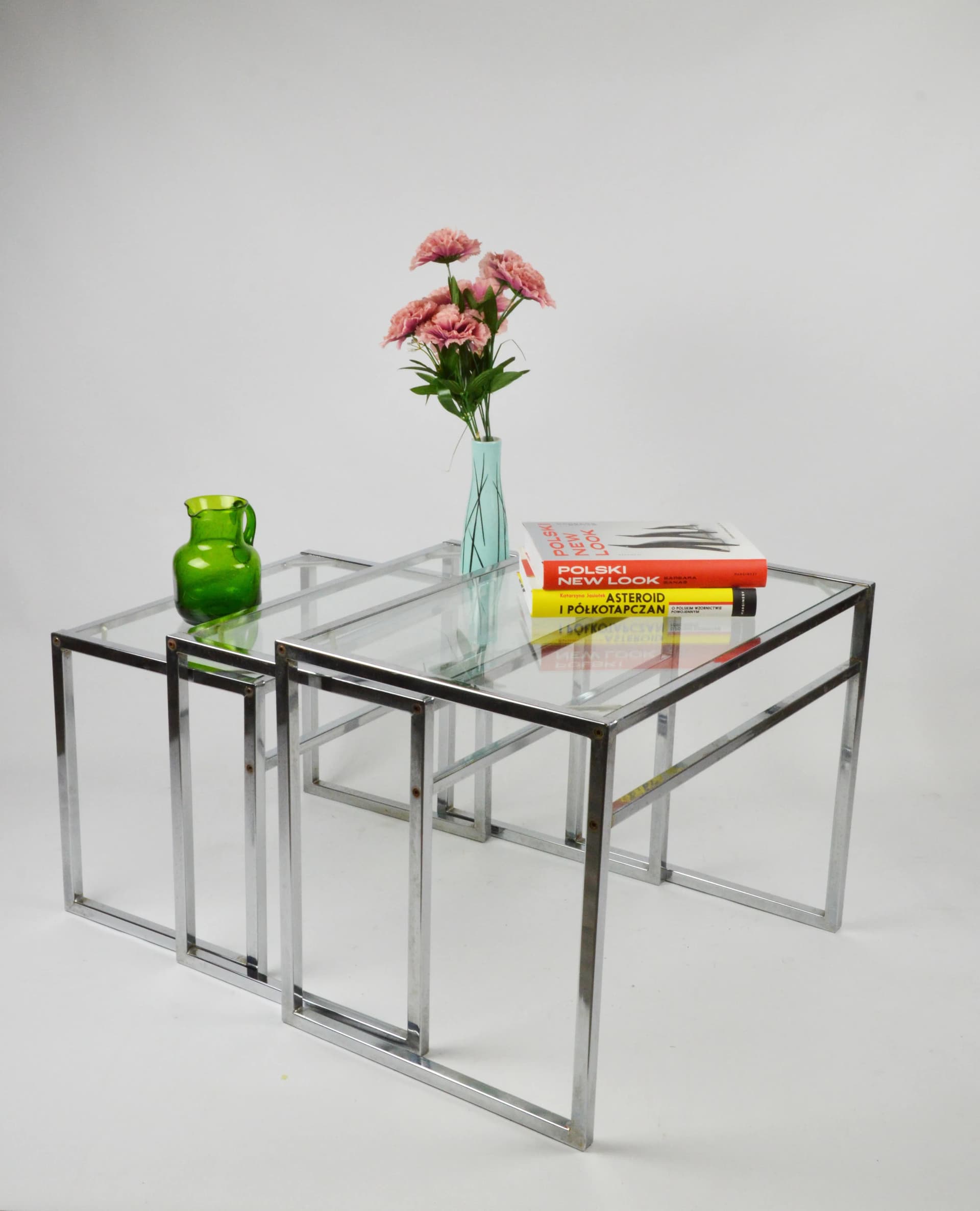Set of Coffee Tables, Clear Glass, Chromed Steel, Poland, 1970s. - 83971