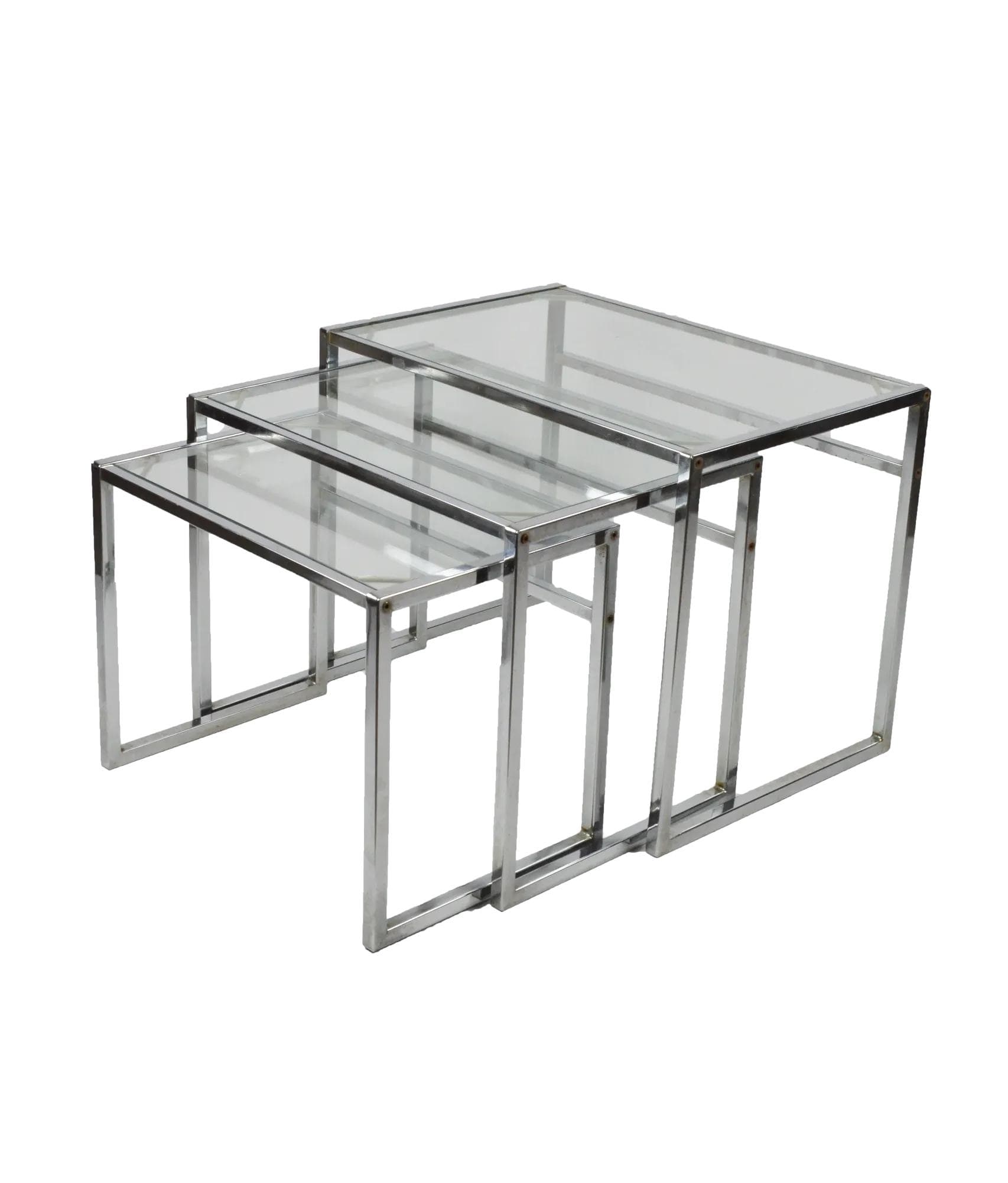 Set of Coffee Tables, Clear Glass, Chromed Steel, Poland, 1970s.