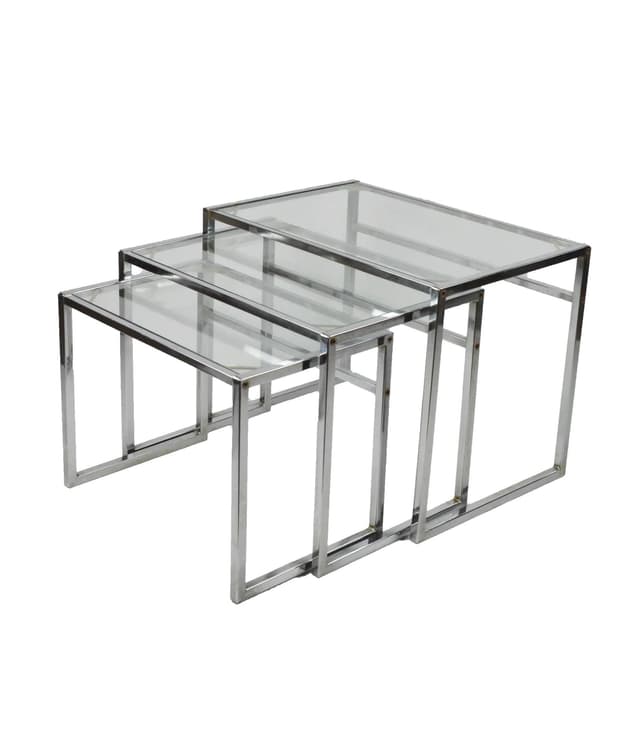 Set of Coffee Tables, Clear Glass, Chromed Steel, Poland, 1970s. - DIMENSION