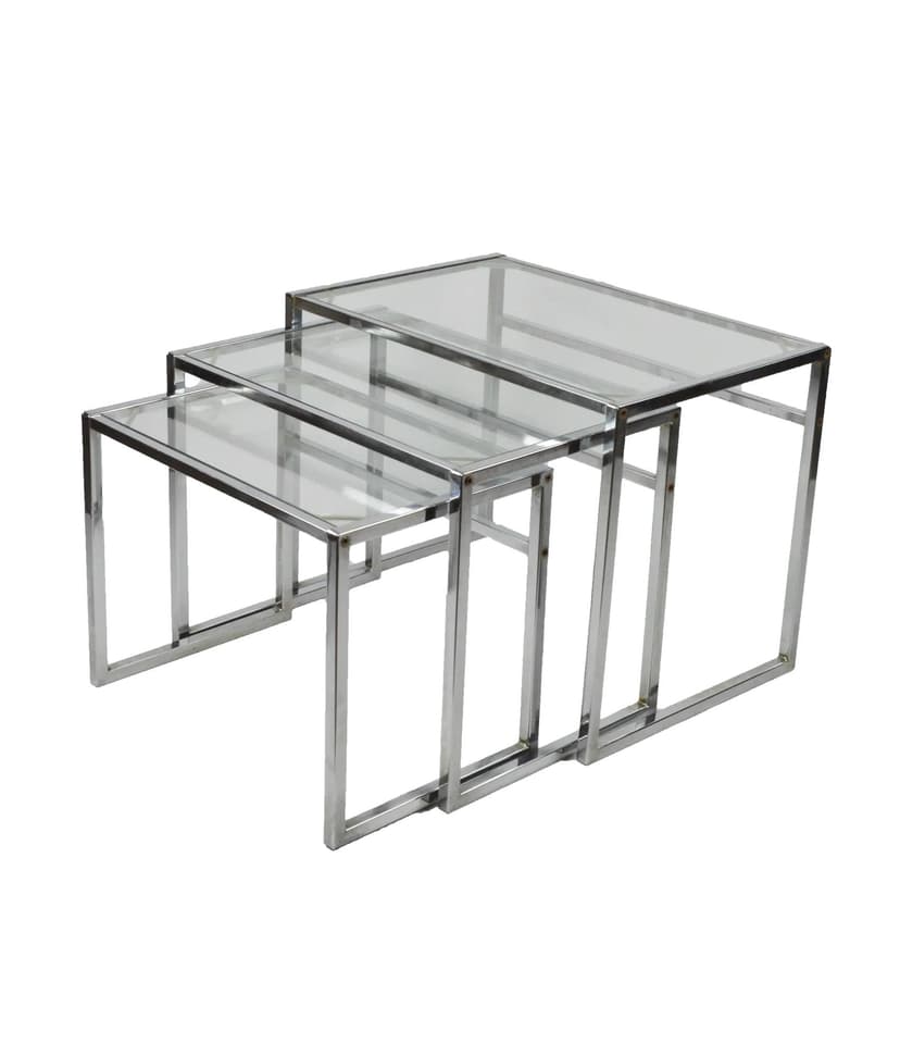 Set of Coffee Tables, Clear Glass, Chromed Steel, Poland, 1970s.