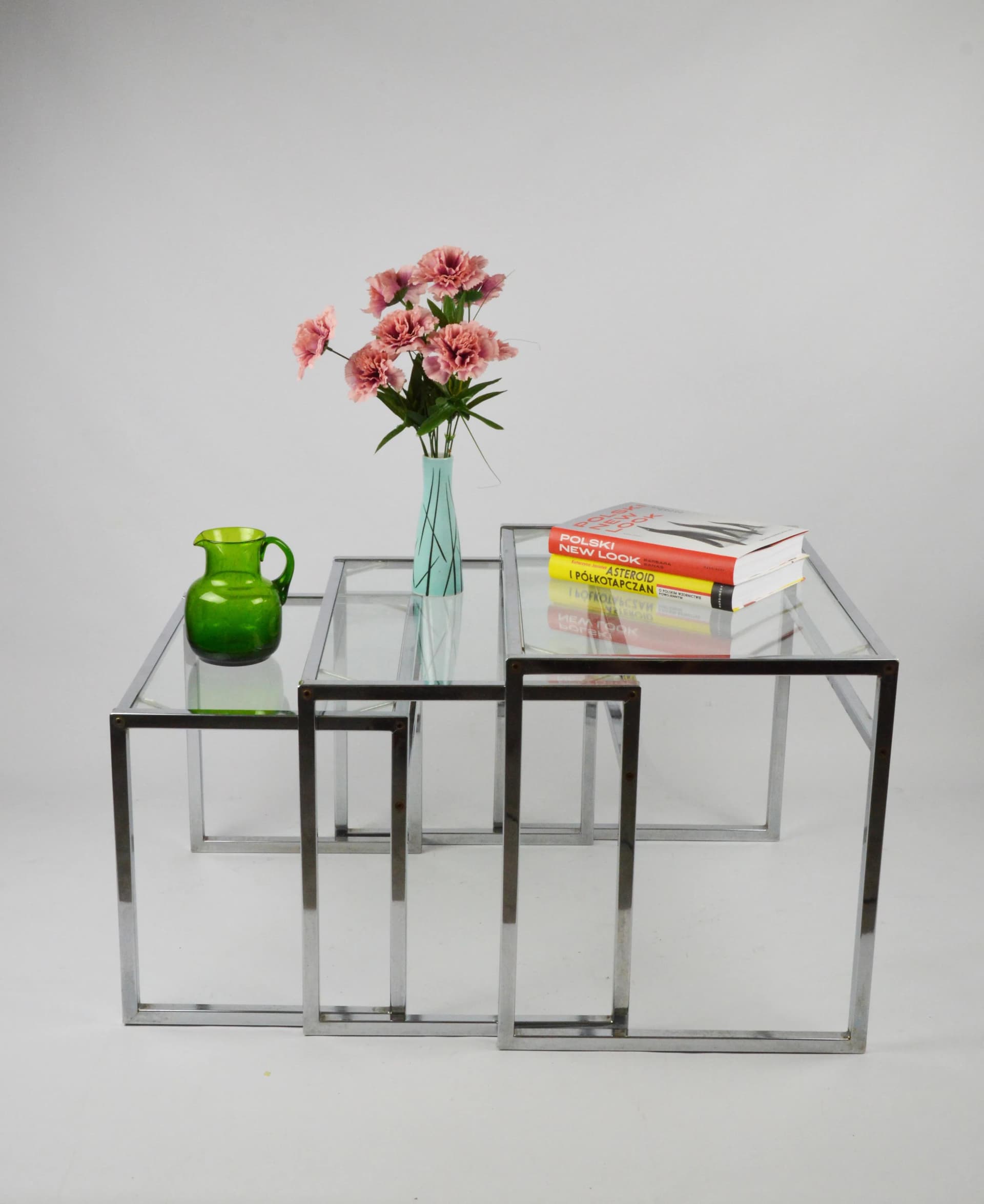 Set of Coffee Tables, Clear Glass, Chromed Steel, Poland, 1970s. - 83975