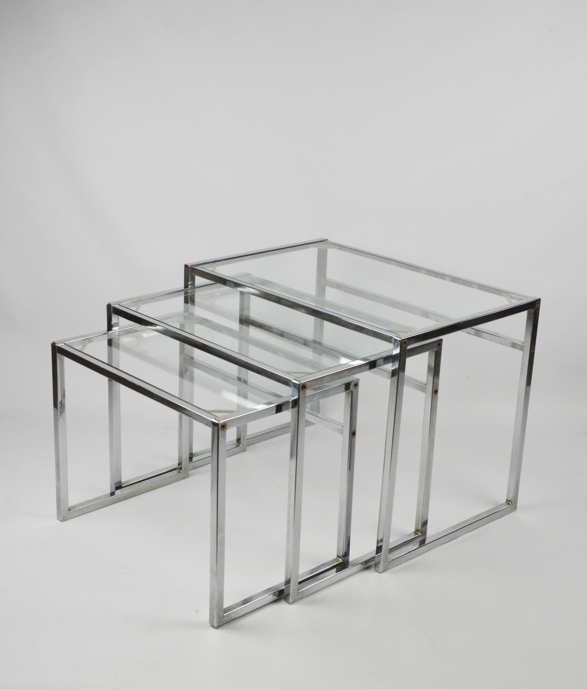 Set of Coffee Tables, Clear Glass, Chromed Steel, Poland, 1970s. - 83970