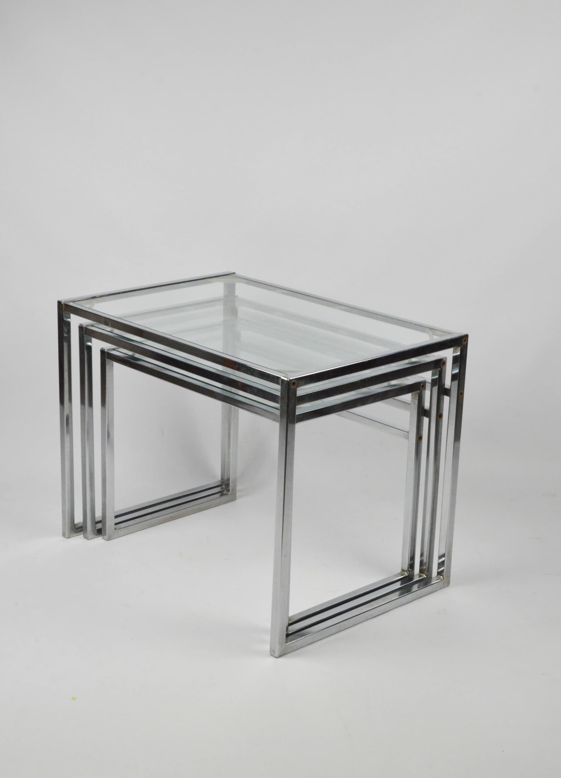 Set of Coffee Tables, Clear Glass, Chromed Steel, Poland, 1970s. - 83967
