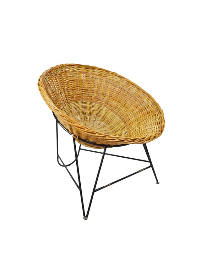 Fotel, brązowa wiklina, metal czarny, Polska, lata 70. - WYMIARY