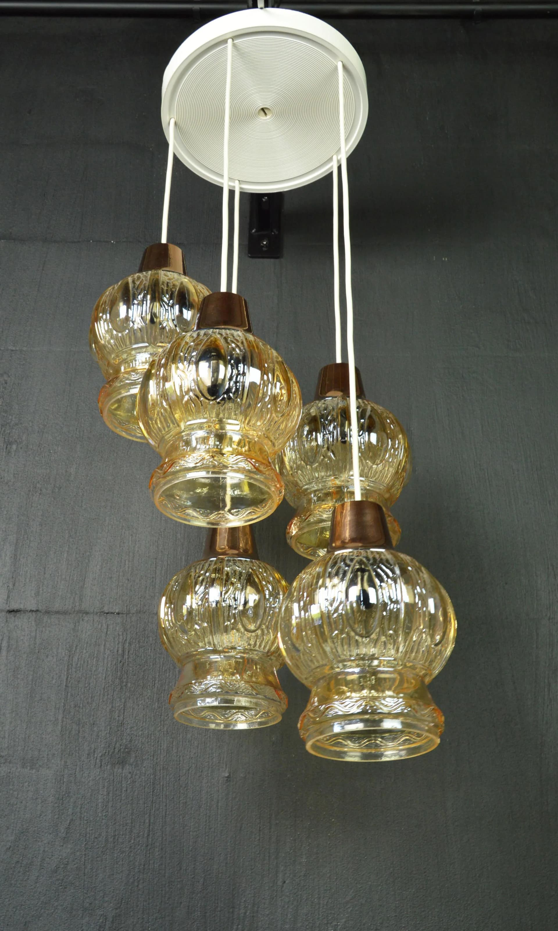 Cascading pendant lamp, opalescent honey glass, copper, 1970s - 83846