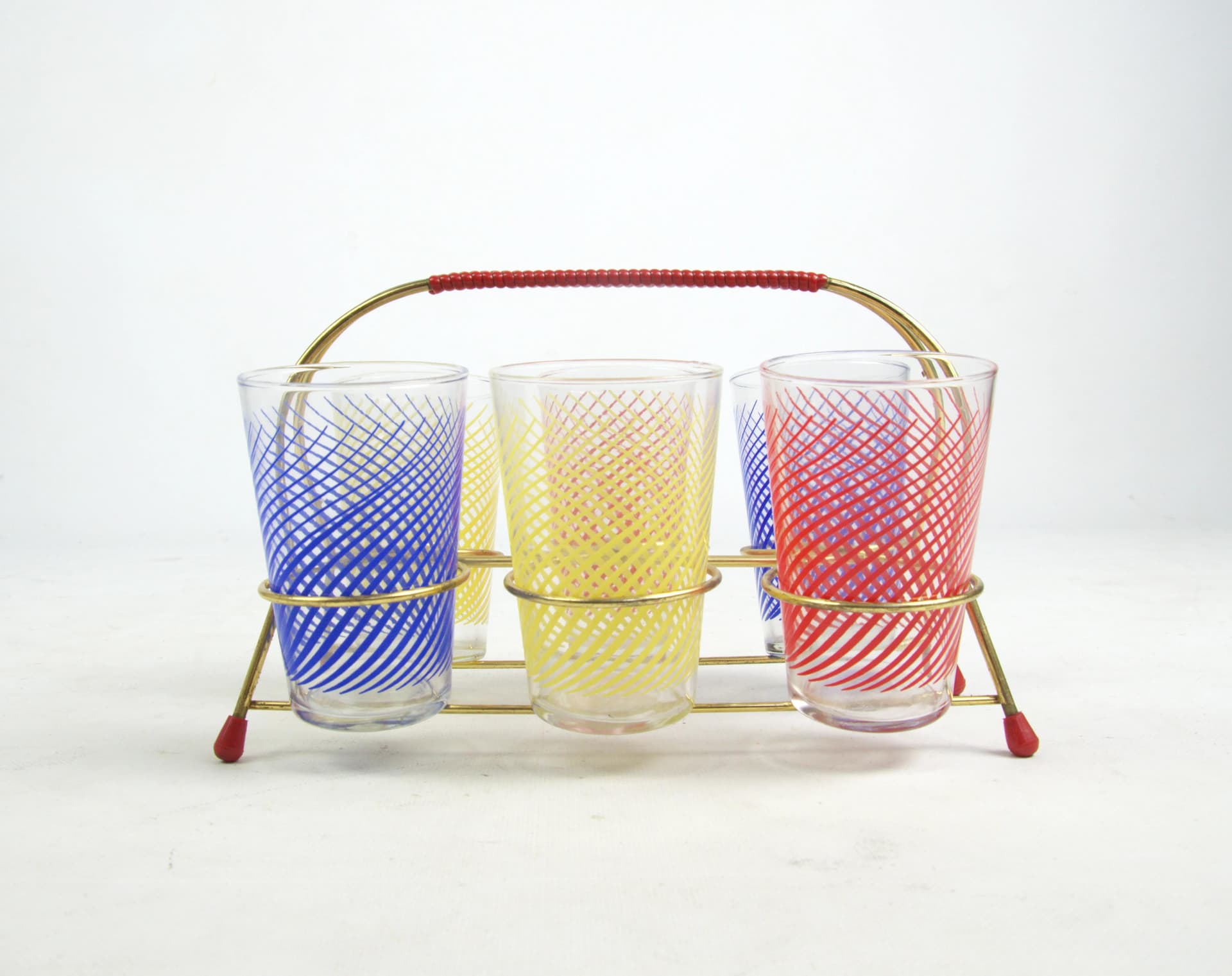 Komplet szklanek na stojaku, multikolor, szkło, Polska, lata 60. - 83743