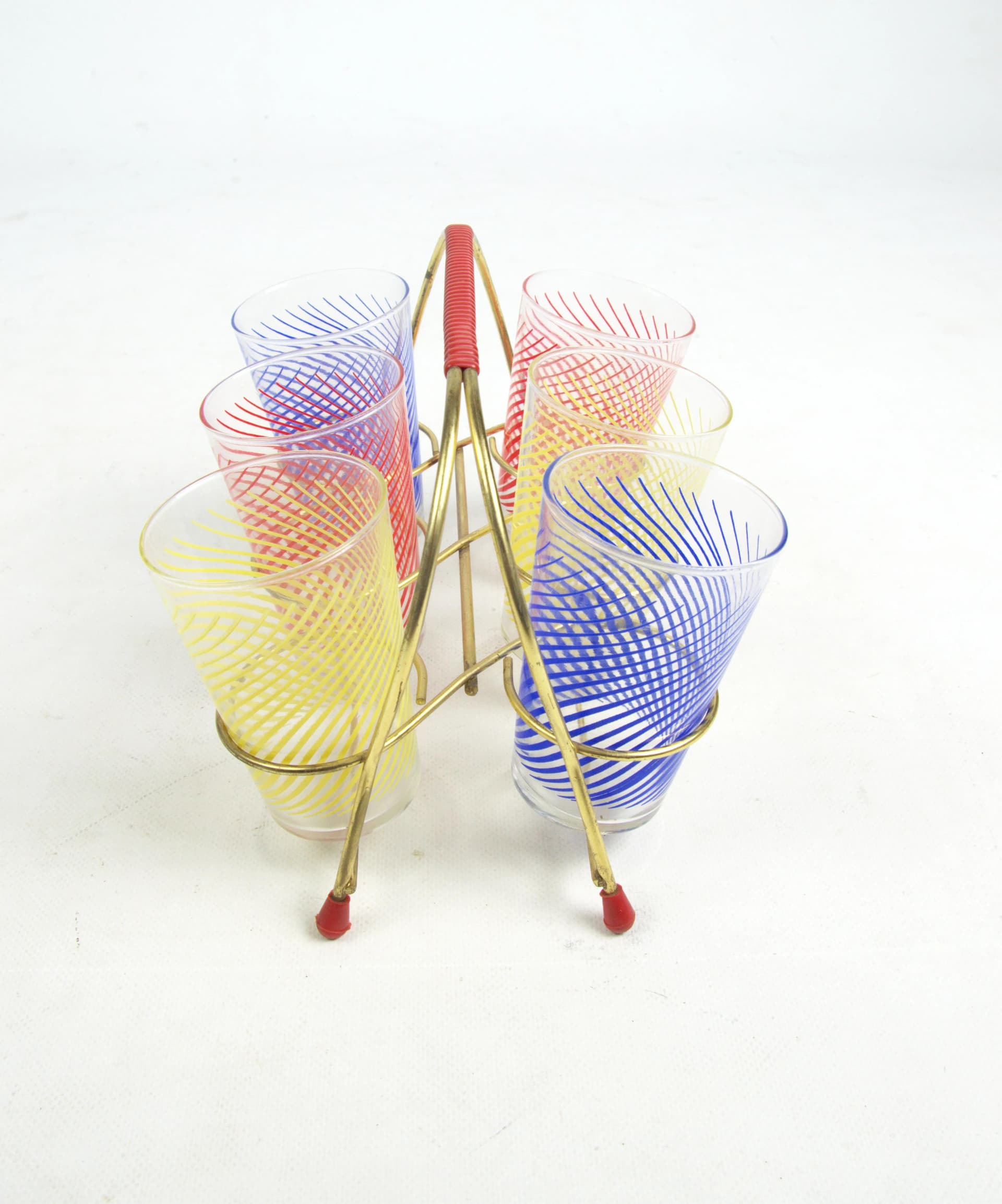 Komplet szklanek na stojaku, multikolor, szkło, Polska, lata 60. - 83745