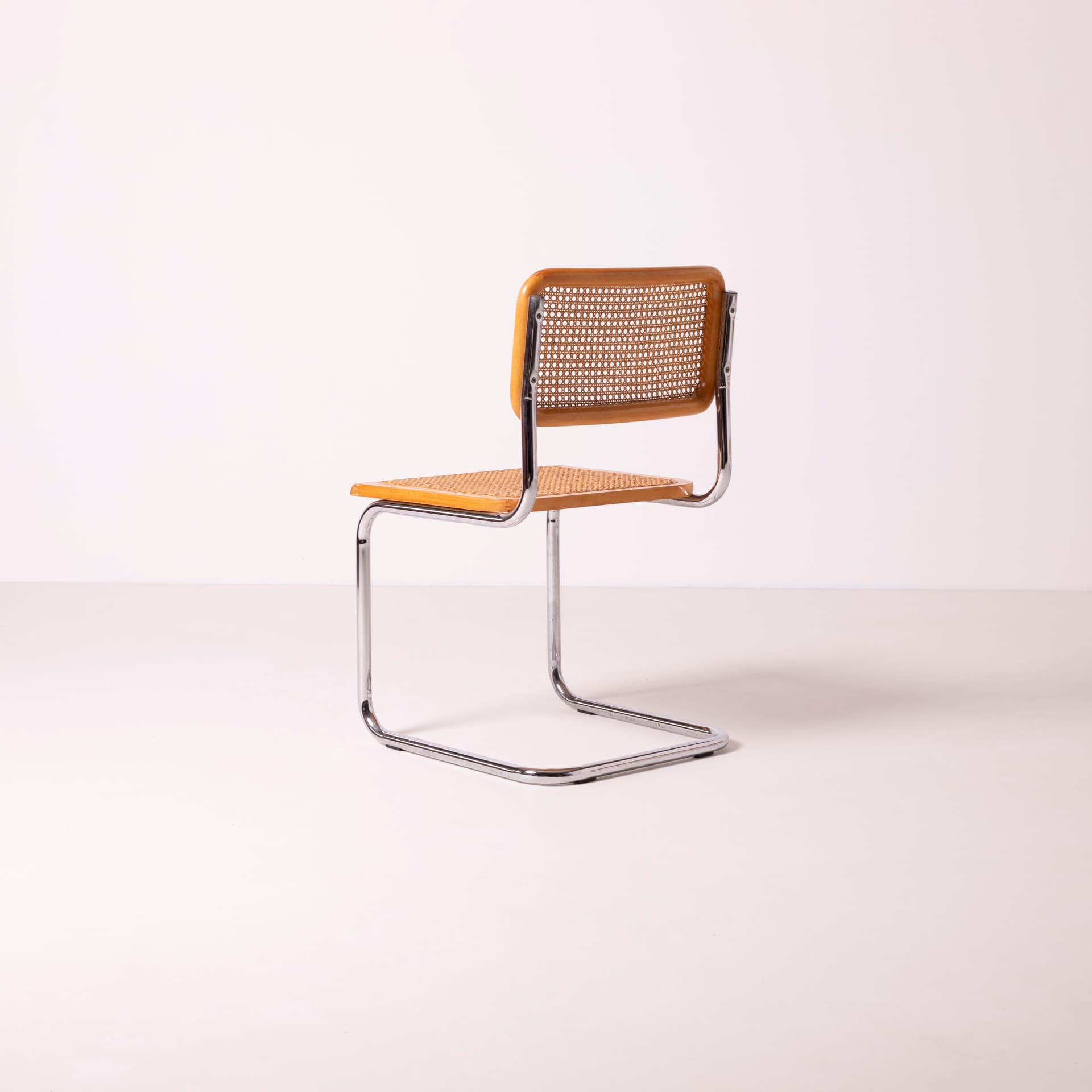 Komplet czterech krzeseł Cesca, drewno beżowe, stal chromowana, rattan beżowy, proj. M. Breuer, Włochy, lata 80. - 89717