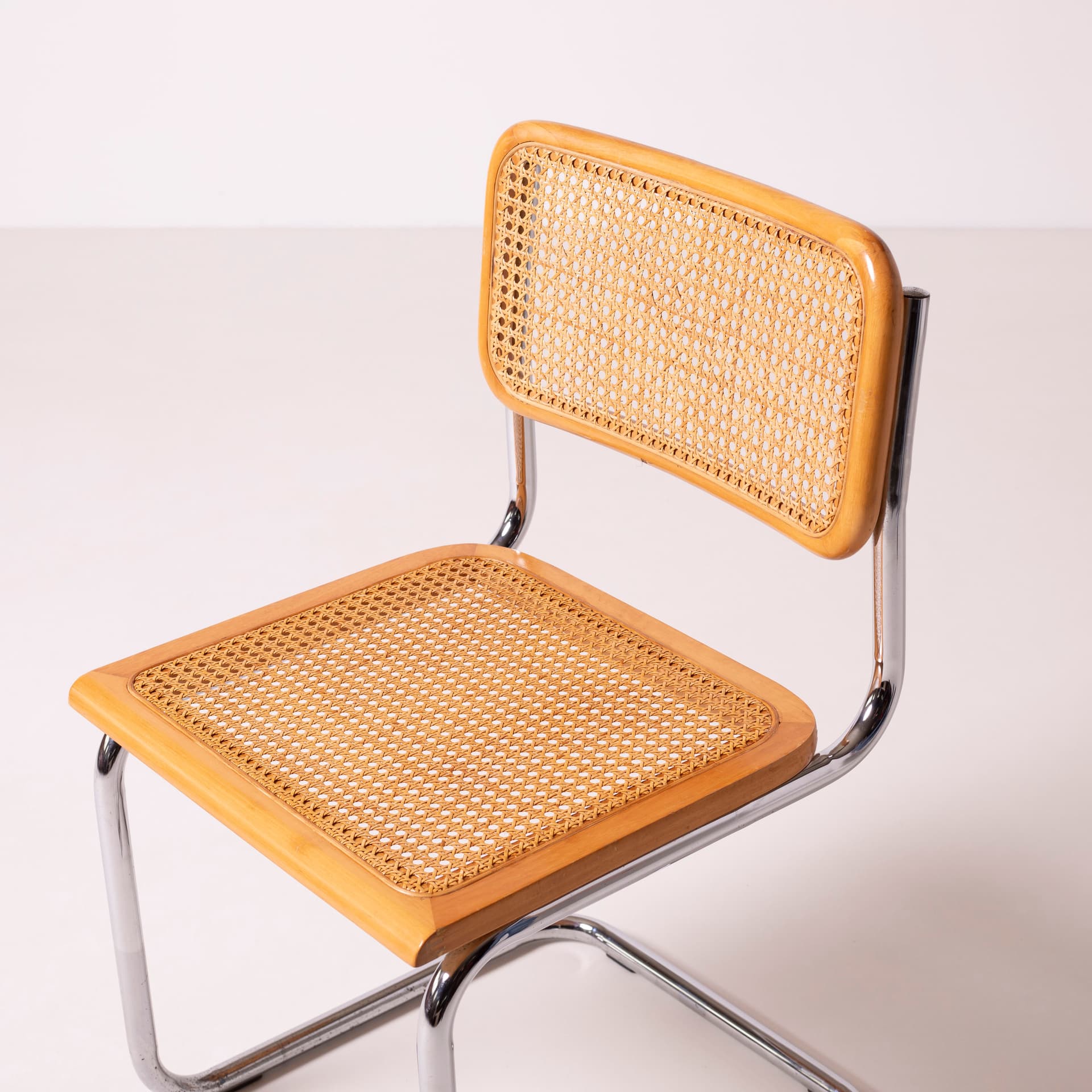 Komplet czterech krzeseł Cesca, drewno beżowe, stal chromowana, rattan beżowy, proj. M. Breuer, Włochy, lata 80. - 89722