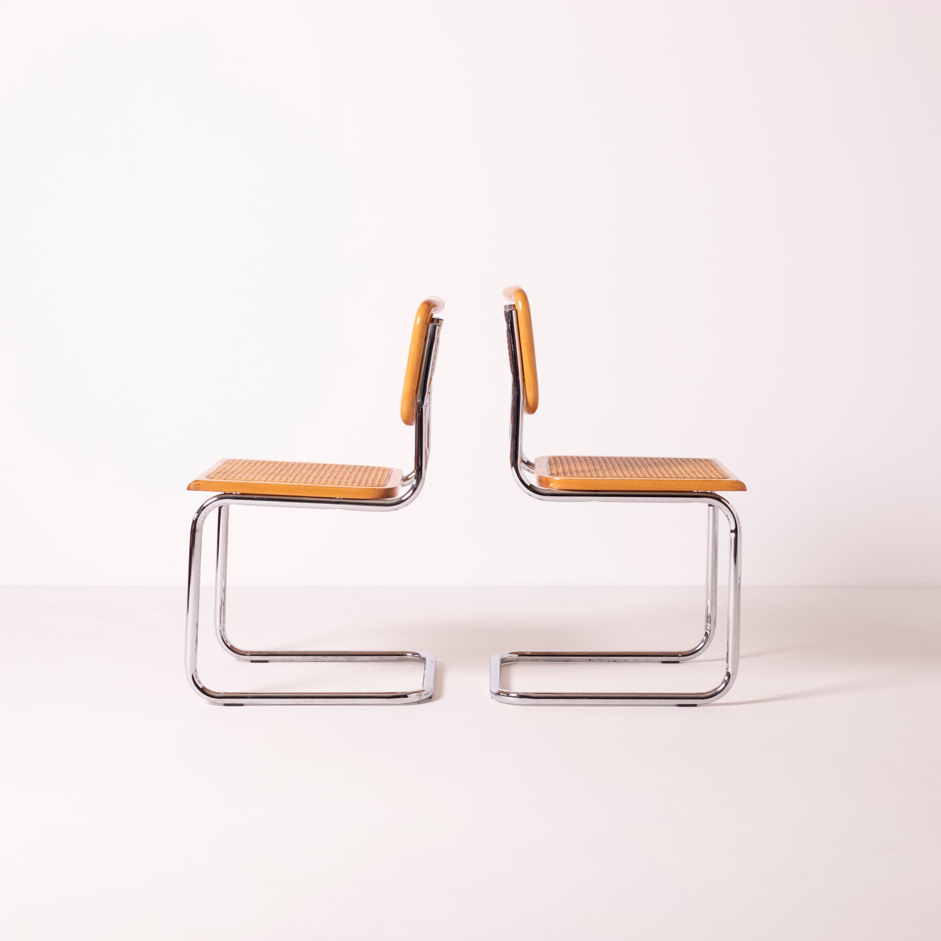 Komplet czterech krzeseł Cesca, drewno beżowe, stal chromowana, rattan beżowy, proj. M. Breuer, Włochy, lata 80. - 89711