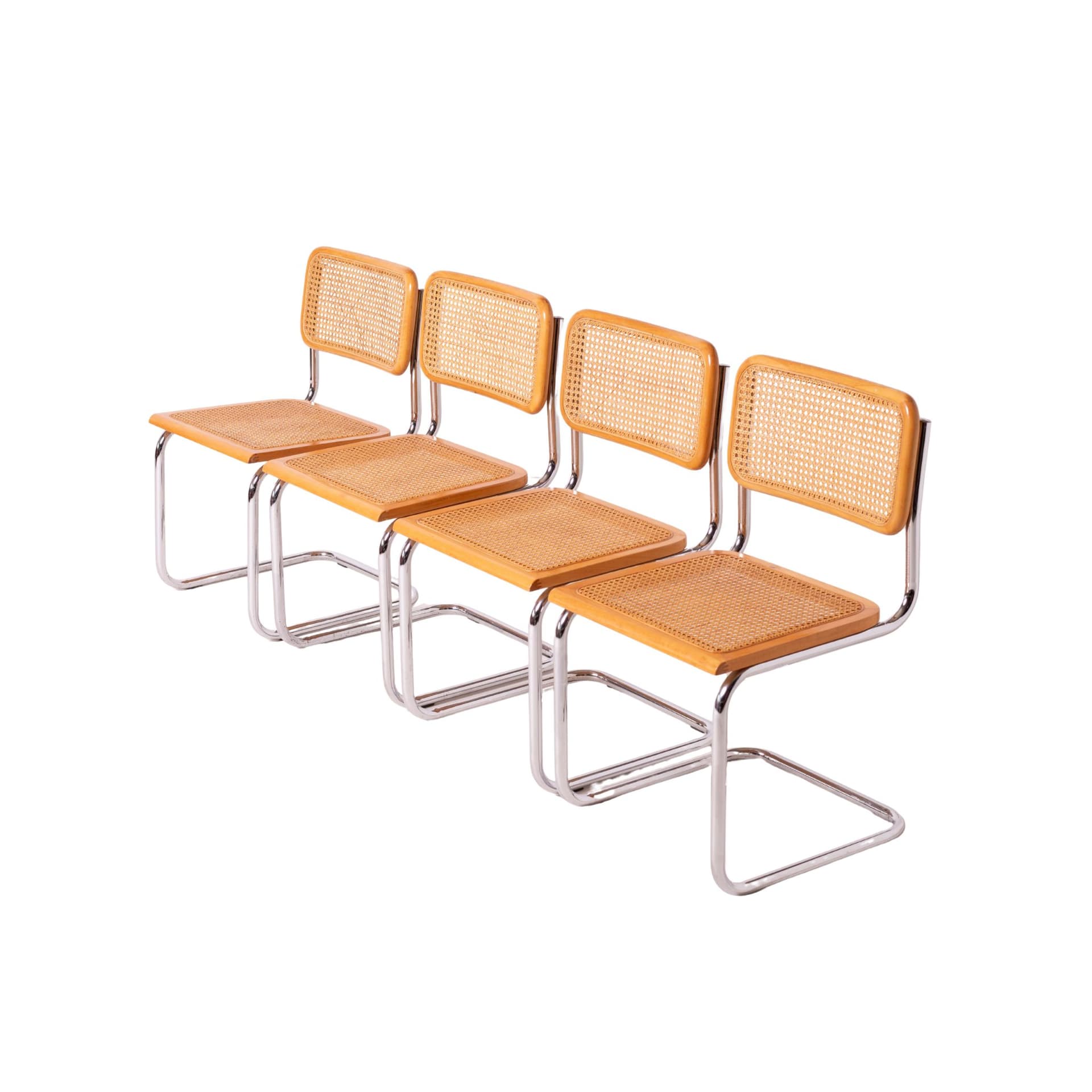 Komplet czterech krzeseł Cesca, drewno beżowe, stal chromowana, rattan beżowy, proj. M. Breuer, Włochy, lata 80.