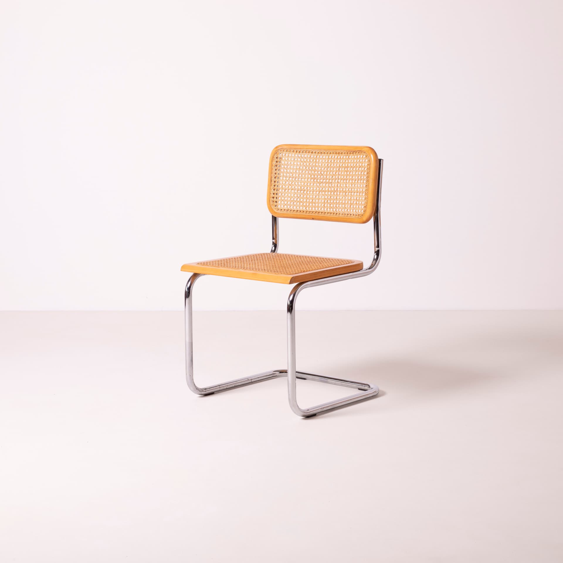 Komplet czterech krzeseł Cesca, drewno beżowe, stal chromowana, rattan beżowy, proj. M. Breuer, Włochy, lata 80. - 89718