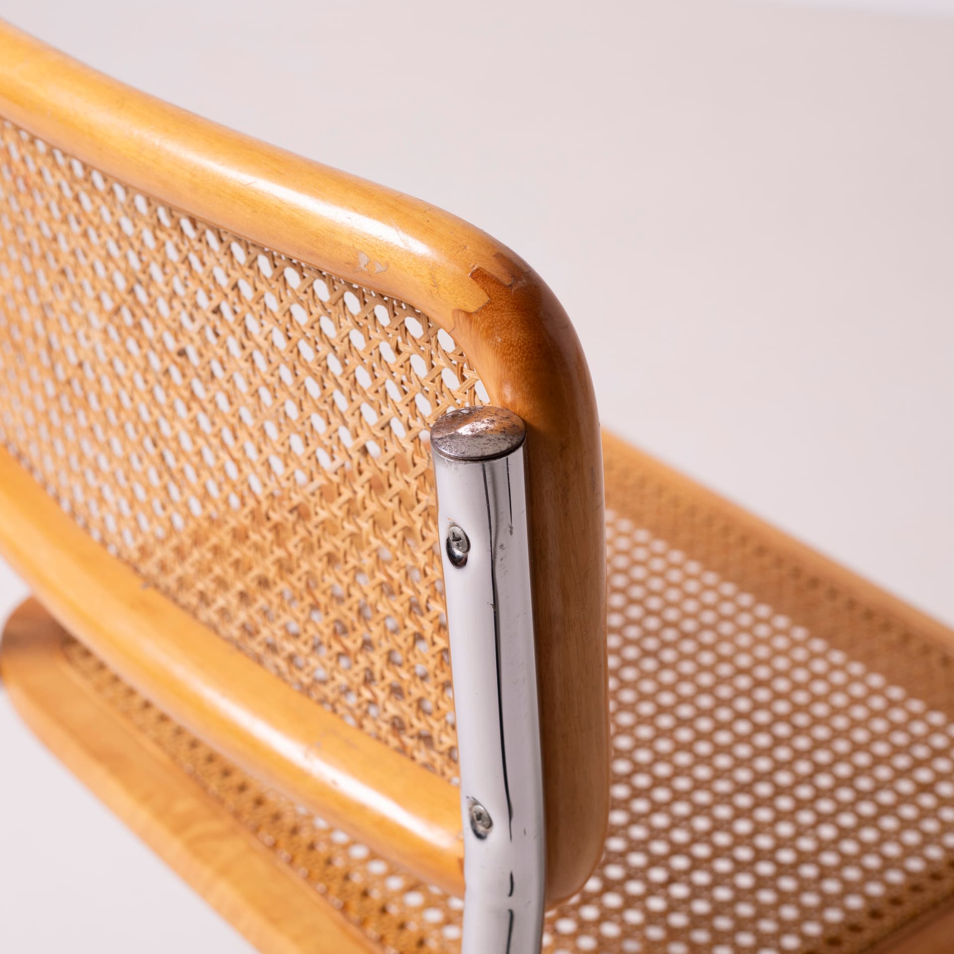 Komplet czterech krzeseł Cesca, drewno beżowe, stal chromowana, rattan beżowy, proj. M. Breuer, Włochy, lata 80. - 89721