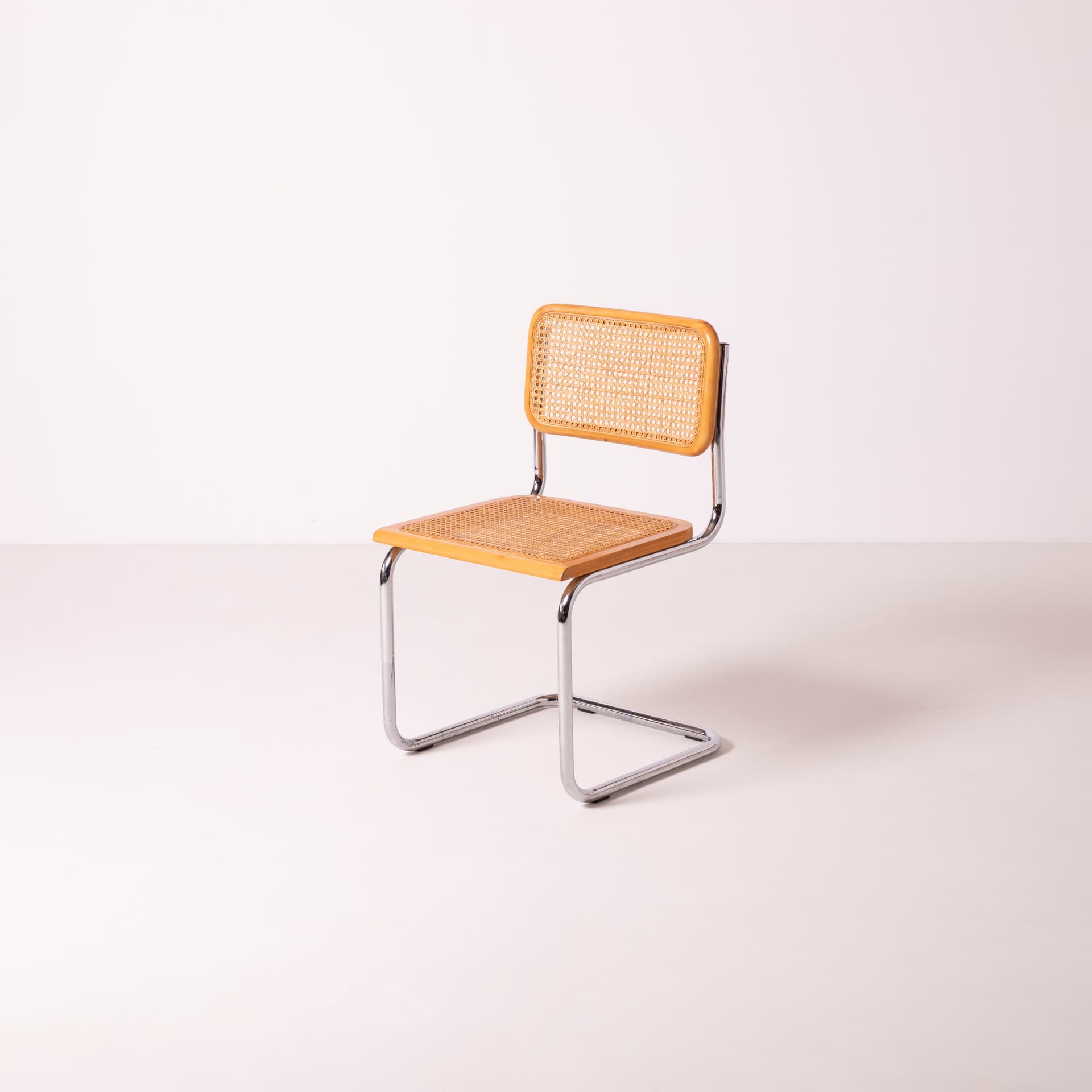 Komplet czterech krzeseł Cesca, drewno beżowe, stal chromowana, rattan beżowy, proj. M. Breuer, Włochy, lata 80. - 89712