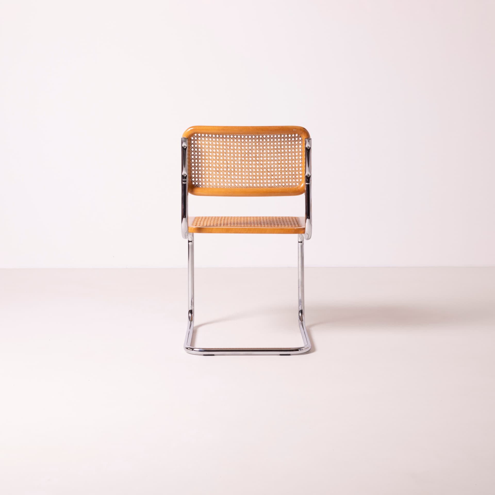 Komplet czterech krzeseł Cesca, drewno beżowe, stal chromowana, rattan beżowy, proj. M. Breuer, Włochy, lata 80. - 89719