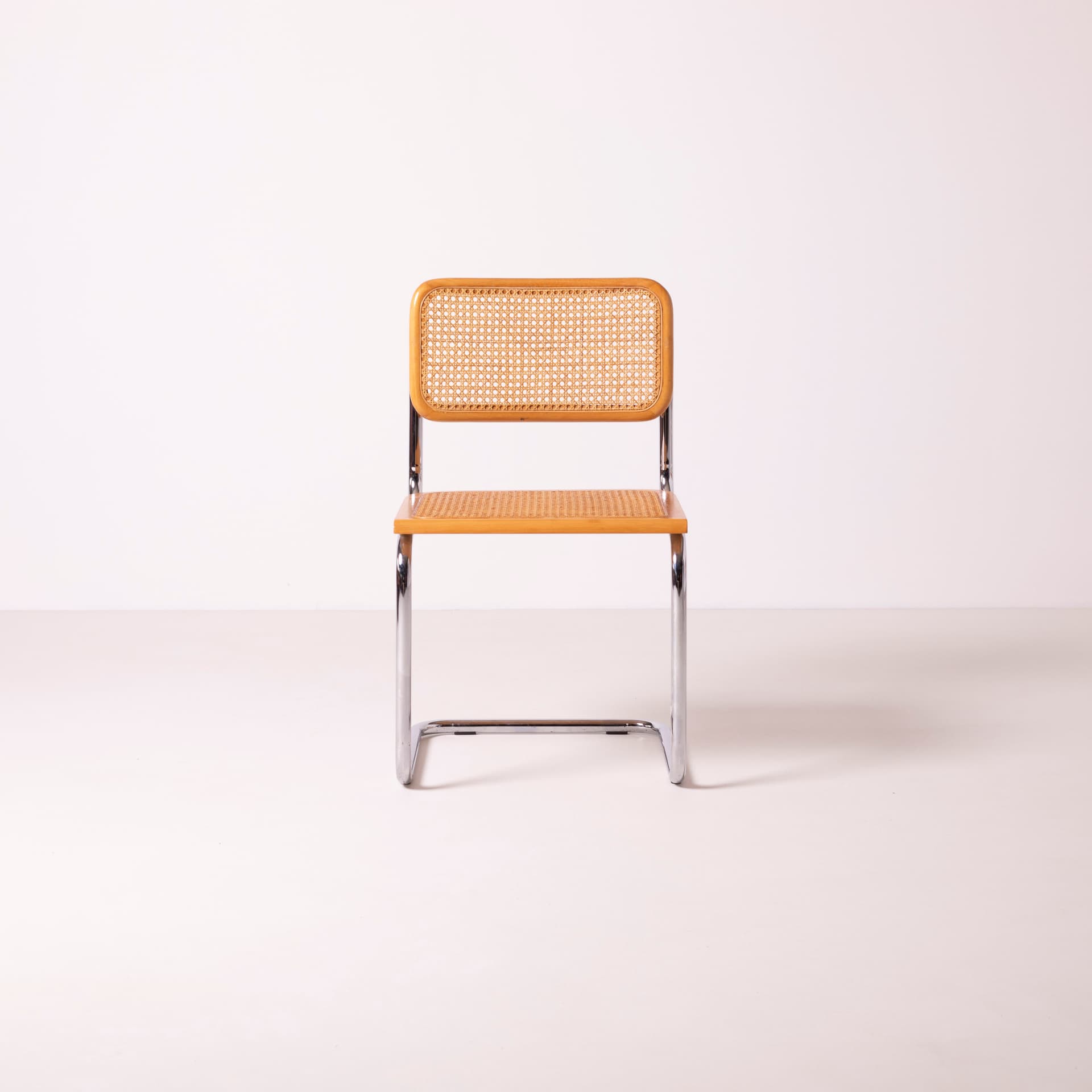 Komplet czterech krzeseł Cesca, drewno beżowe, stal chromowana, rattan beżowy, proj. M. Breuer, Włochy, lata 80. - 89715